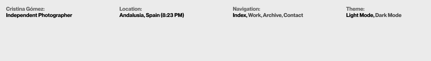 Quiet, Swiss-inspired header using structured columns of grey metadata labels and dark grotesk typography.