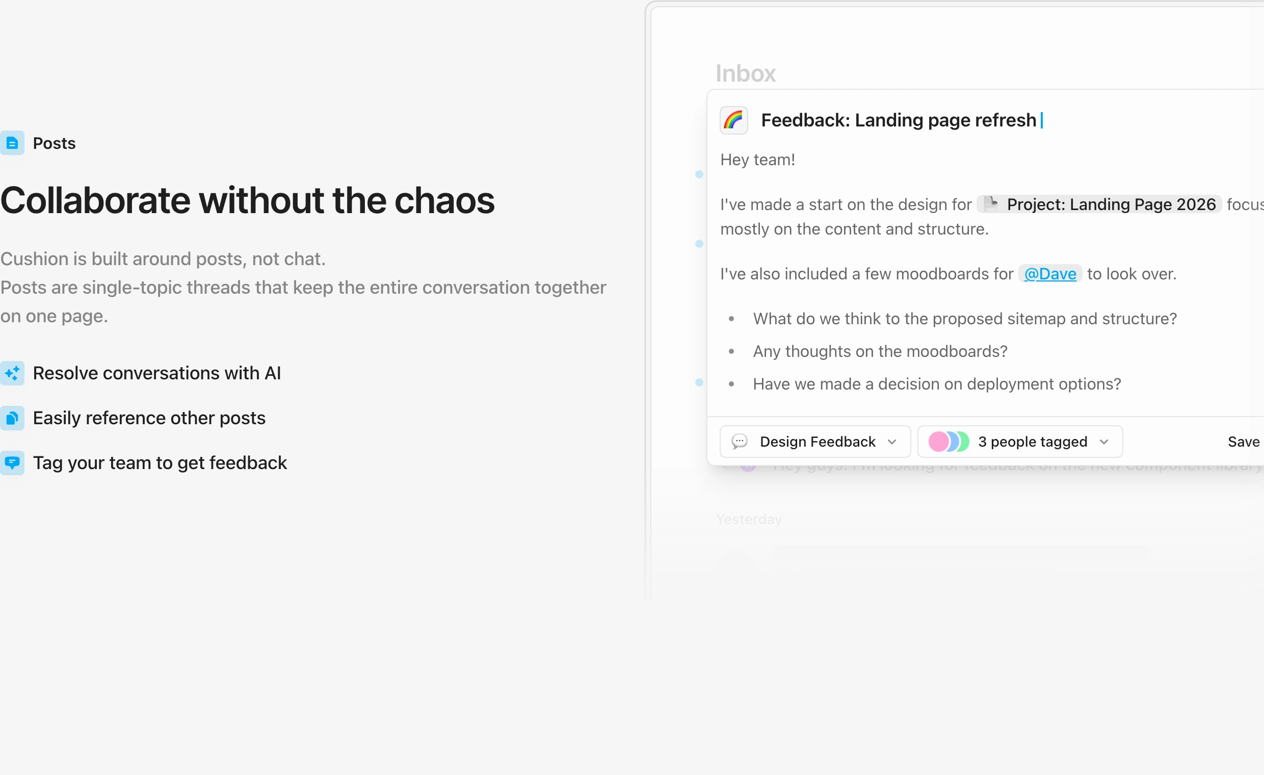 Quiet and airy light-mode product feature presentation pairing clear explanatory copy with a crisp collaborative interface card.