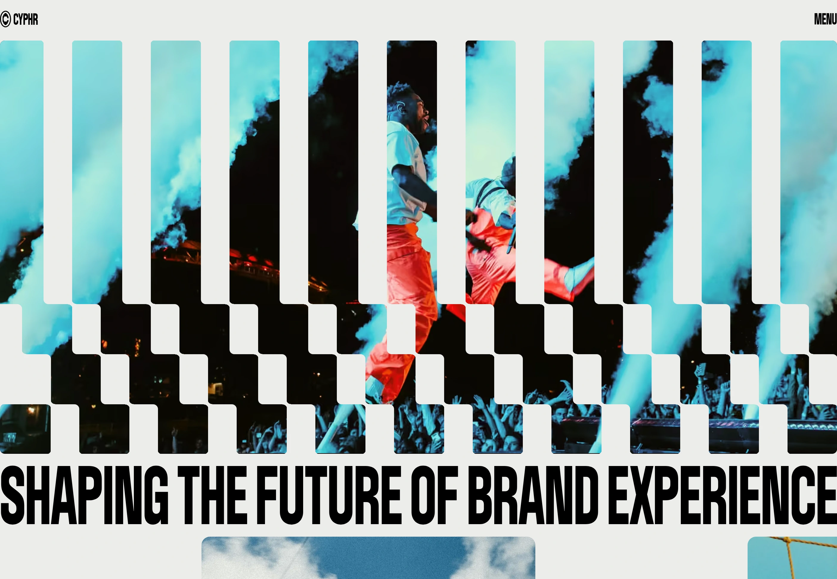 A punchy, dynamic creative hero combining a rhythmically sliced concert photograph with massive condensed typography.