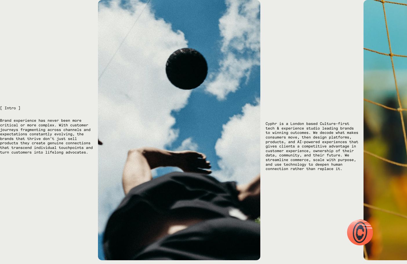 Quiet editorial introduction pairing crisp monospaced body text with a rounded vertical action photograph.