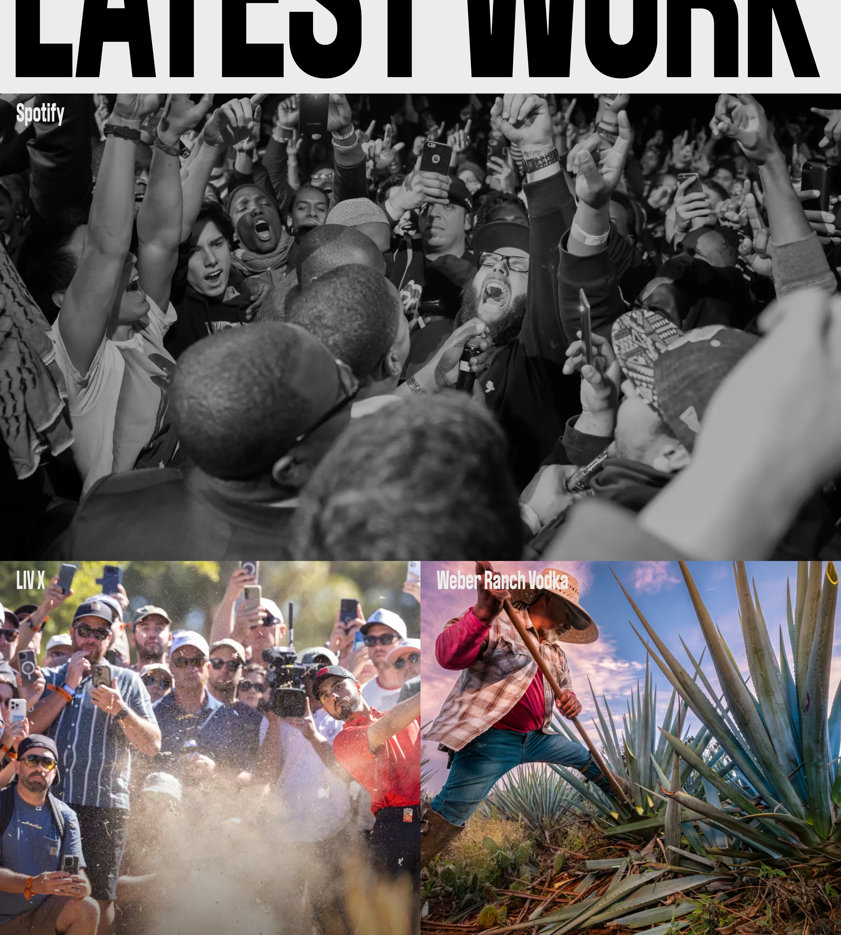 High-impact portfolio showcase pairing massive condensed typography with raw, full-bleed documentary action photography.