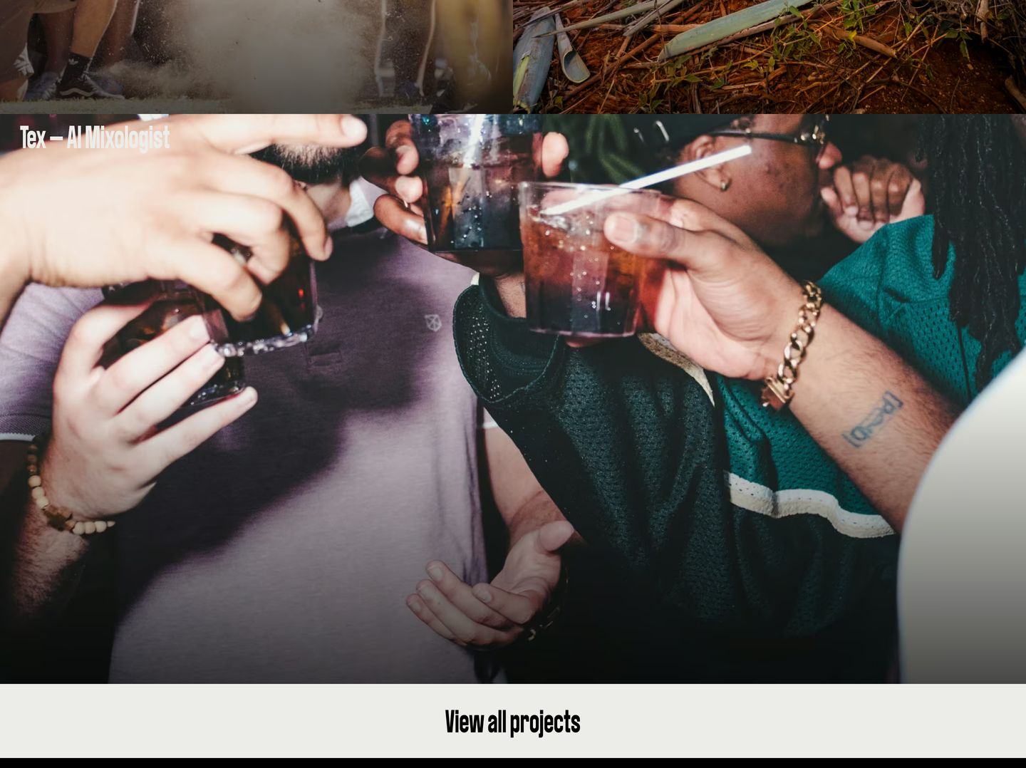 Raw, candid party photography dominates this portfolio project preview, anchored by ultra-condensed type and a stark bottom navigation strip.
