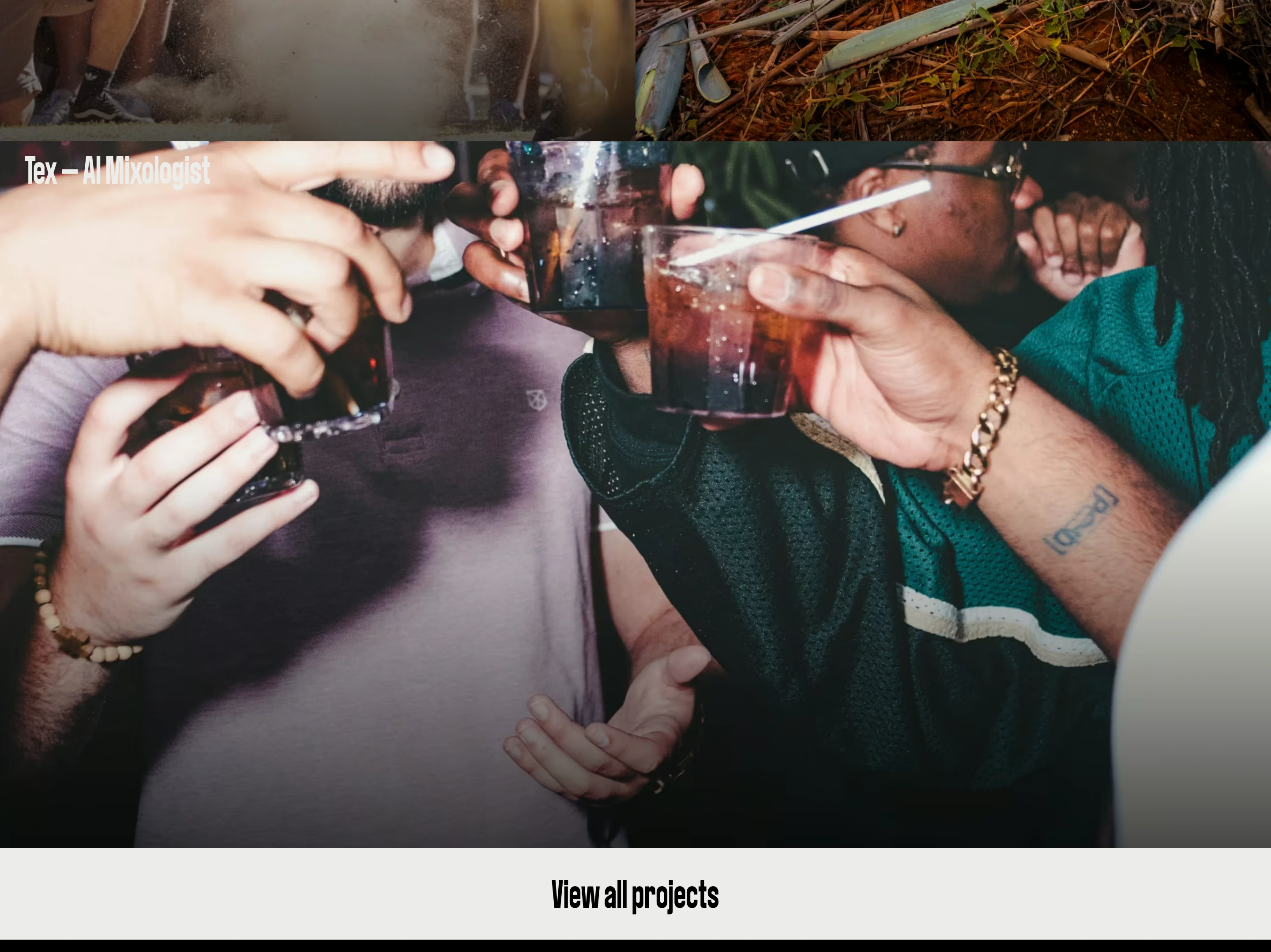 Raw, candid party photography dominates this portfolio project preview, anchored by ultra-condensed type and a stark bottom navigation strip.