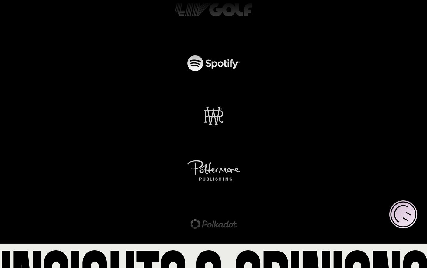Minimalist pitch-black logo strip displaying stacked monochrome client marks along a disciplined vertical spine.