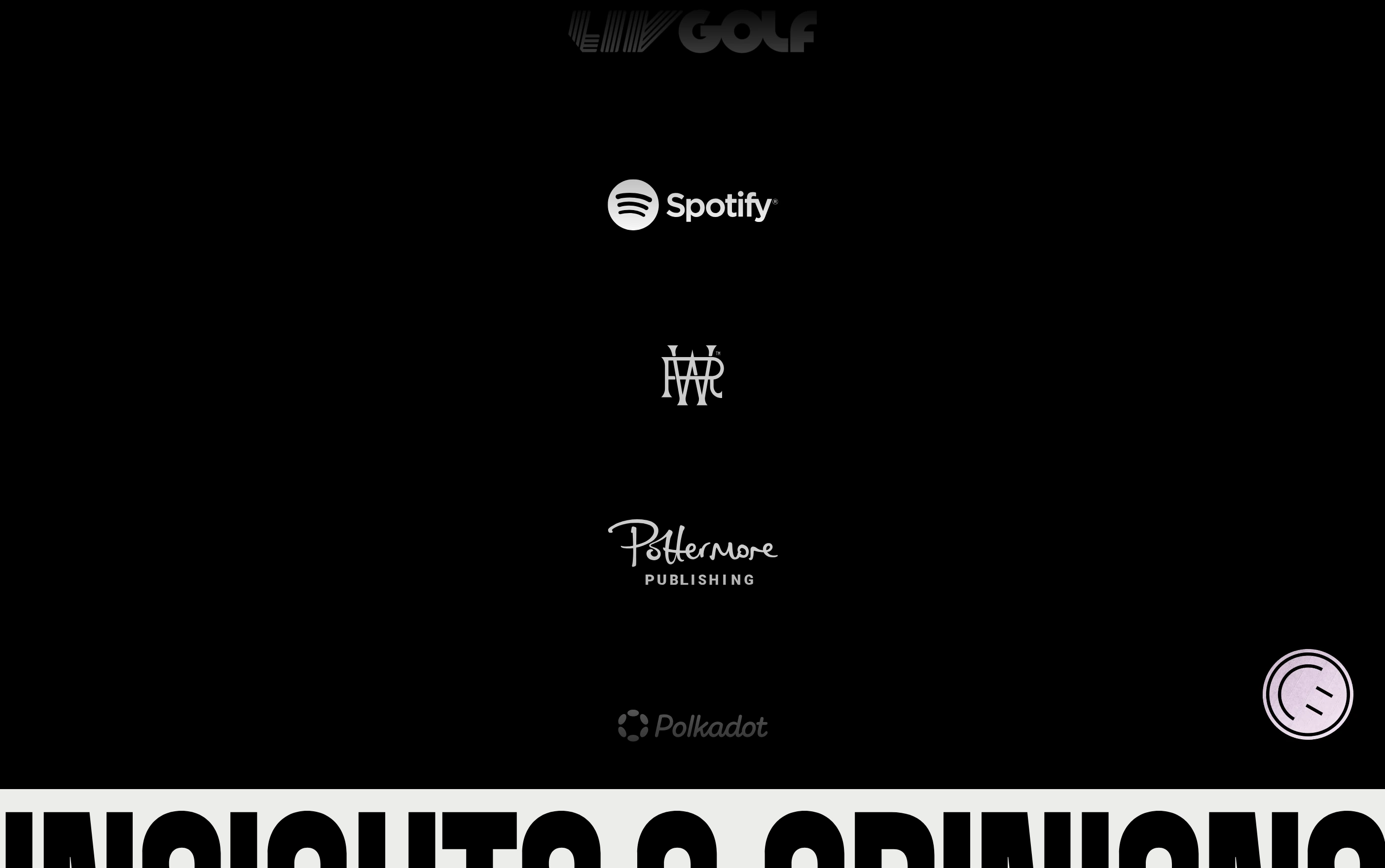 Minimalist pitch-black logo strip displaying stacked monochrome client marks along a disciplined vertical spine.