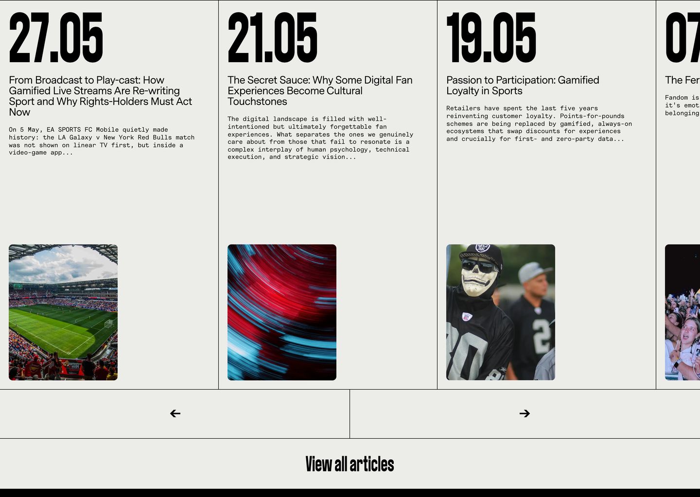 A stark editorial article carousel with oversized date headers, monospaced excerpts, and clean line dividers over an off-white background.