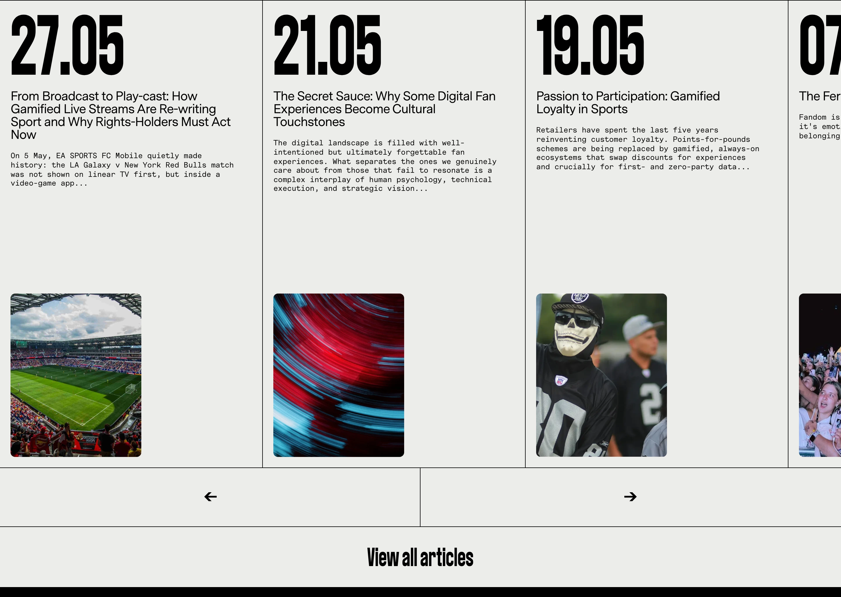 A stark editorial article carousel with oversized date headers, monospaced excerpts, and clean line dividers over an off-white background.