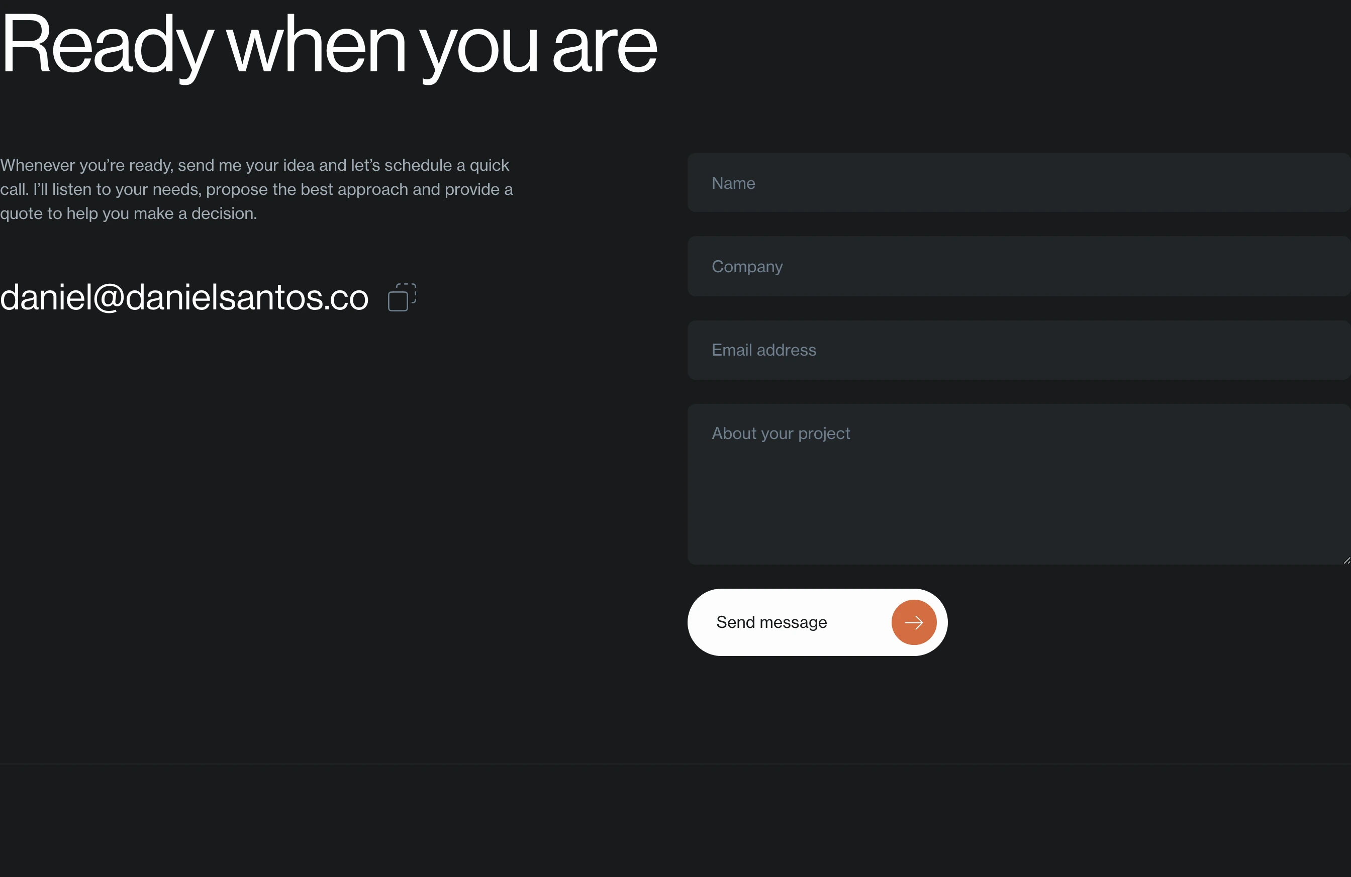 Subdued dark contact section pairing direct neo-grotesque typography with an airy two-column form layout.