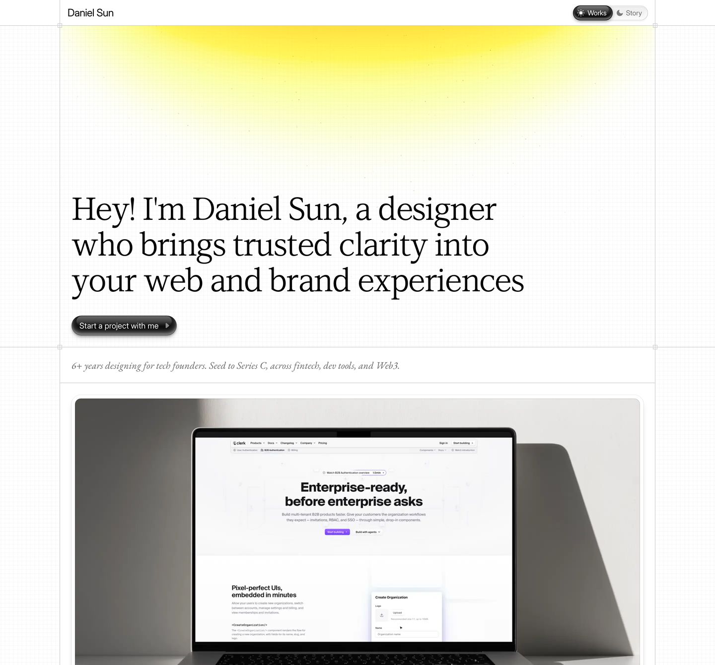 An airy editorial portfolio hero pairing graceful serif typography with a subtle yellow zenith glow and tactile UI elements.