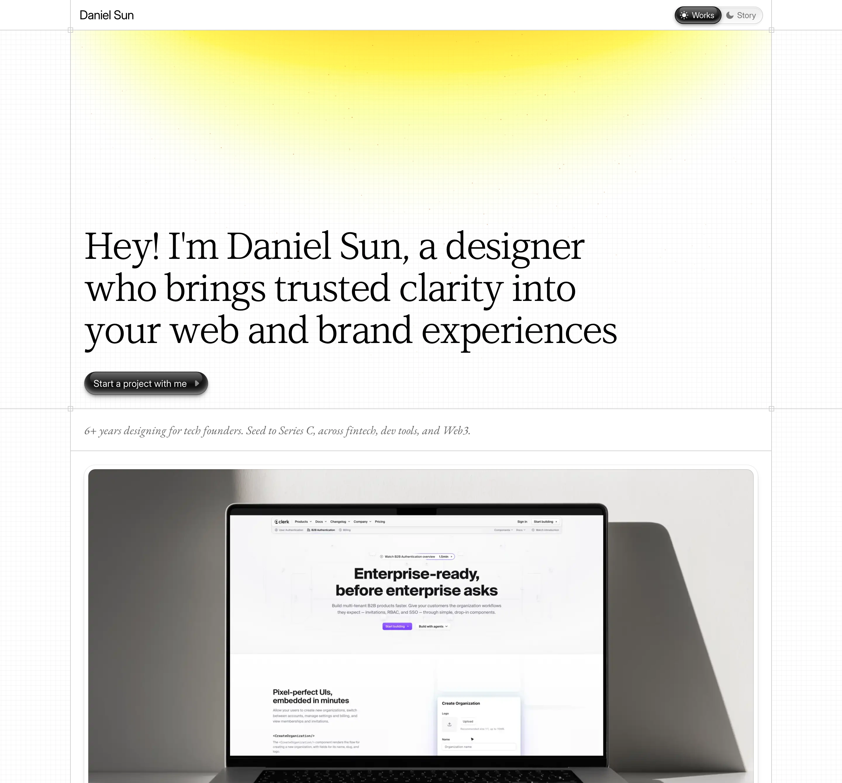 An airy editorial portfolio hero pairing graceful serif typography with a subtle yellow zenith glow and tactile UI elements.