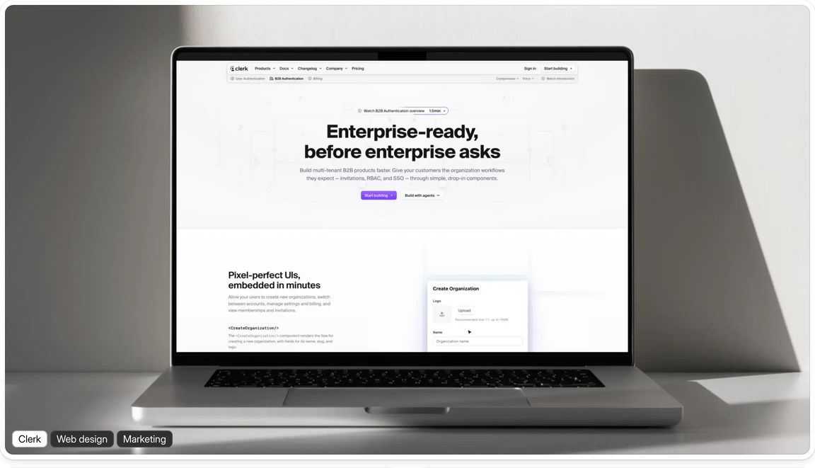 Crisp studio presentation of a SaaS landing page framed on a modern laptop with soft directional shadows.