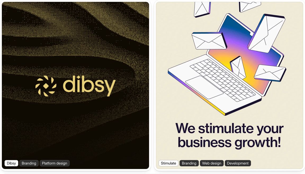 High-contrast pair of studio portfolio cards balancing textured dark branding against bright isometric illustration.