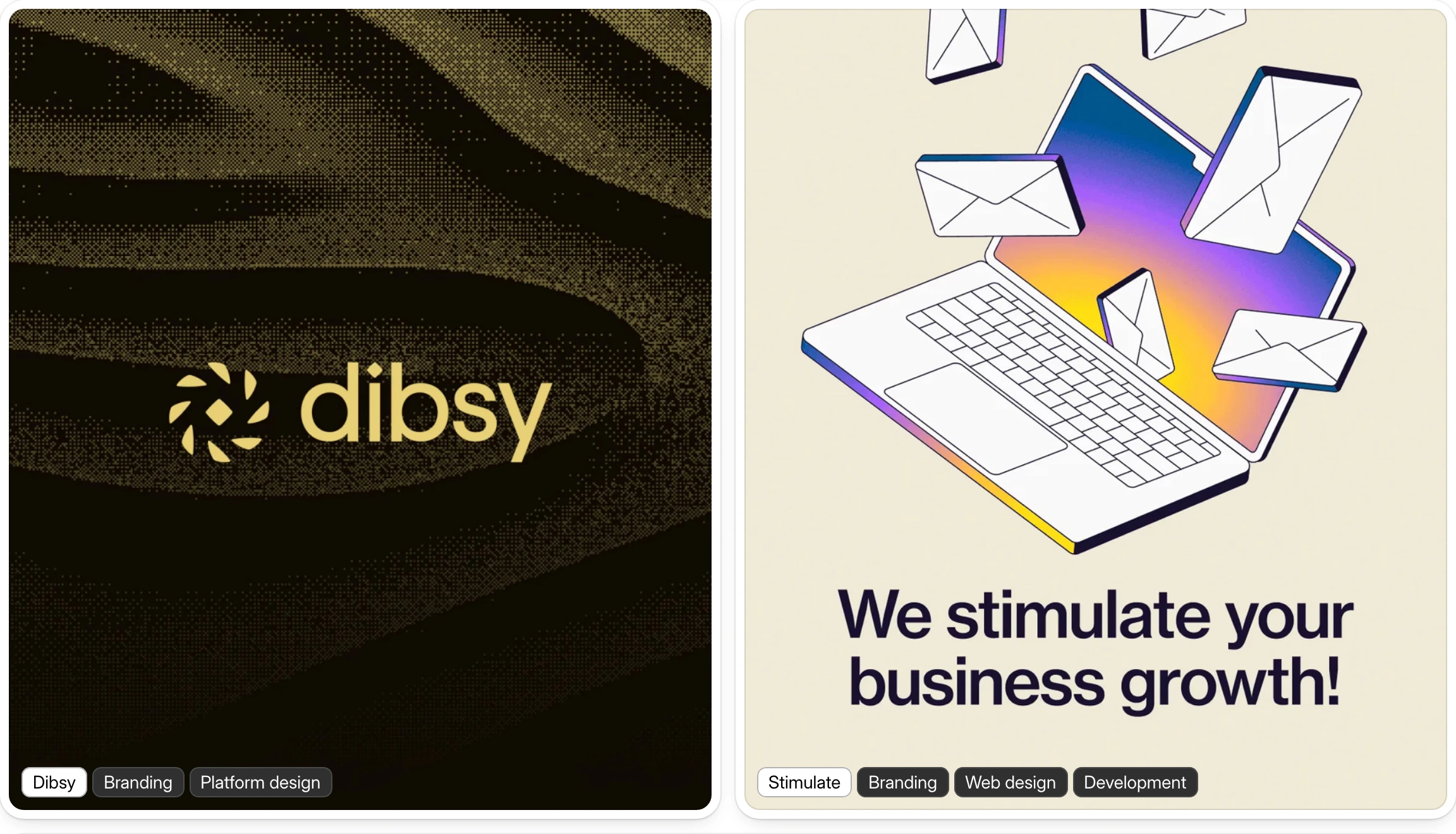 High-contrast pair of studio portfolio cards balancing textured dark branding against bright isometric illustration.