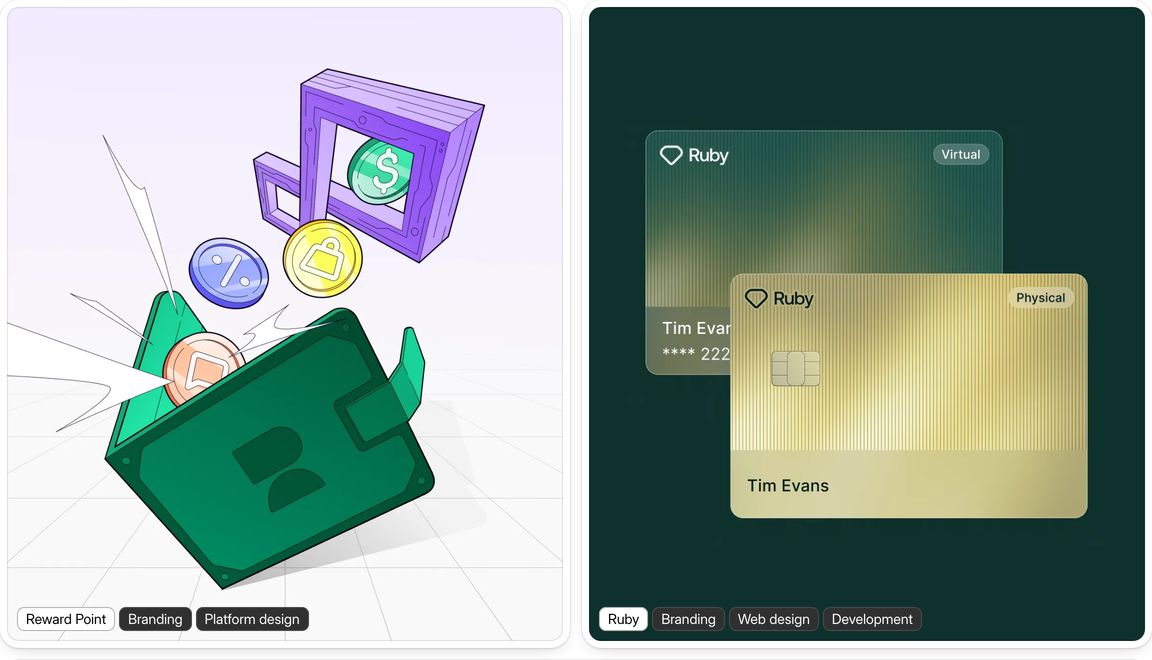Crisp dual showcase cards pairing vibrant comic-style 3D illustrations with refined, dark-mode fintech interface mockups.