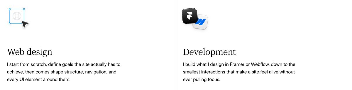 Quiet, minimal two-column service grid featuring clean serif headings, short descriptive paragraphs, and software icon accents.