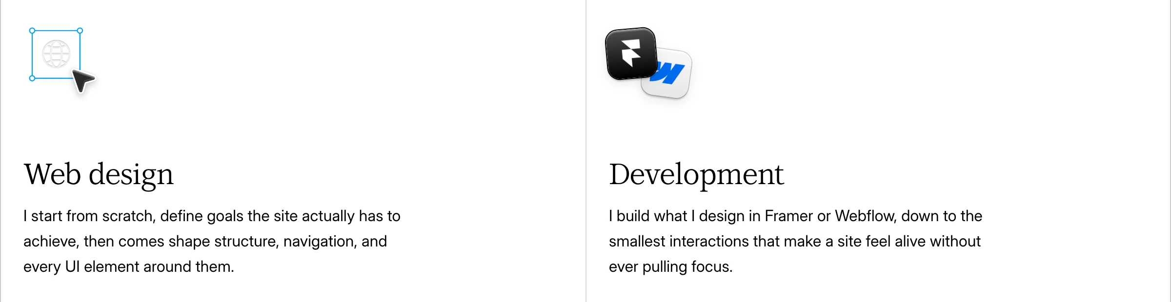 Quiet, minimal two-column service grid featuring clean serif headings, short descriptive paragraphs, and software icon accents.