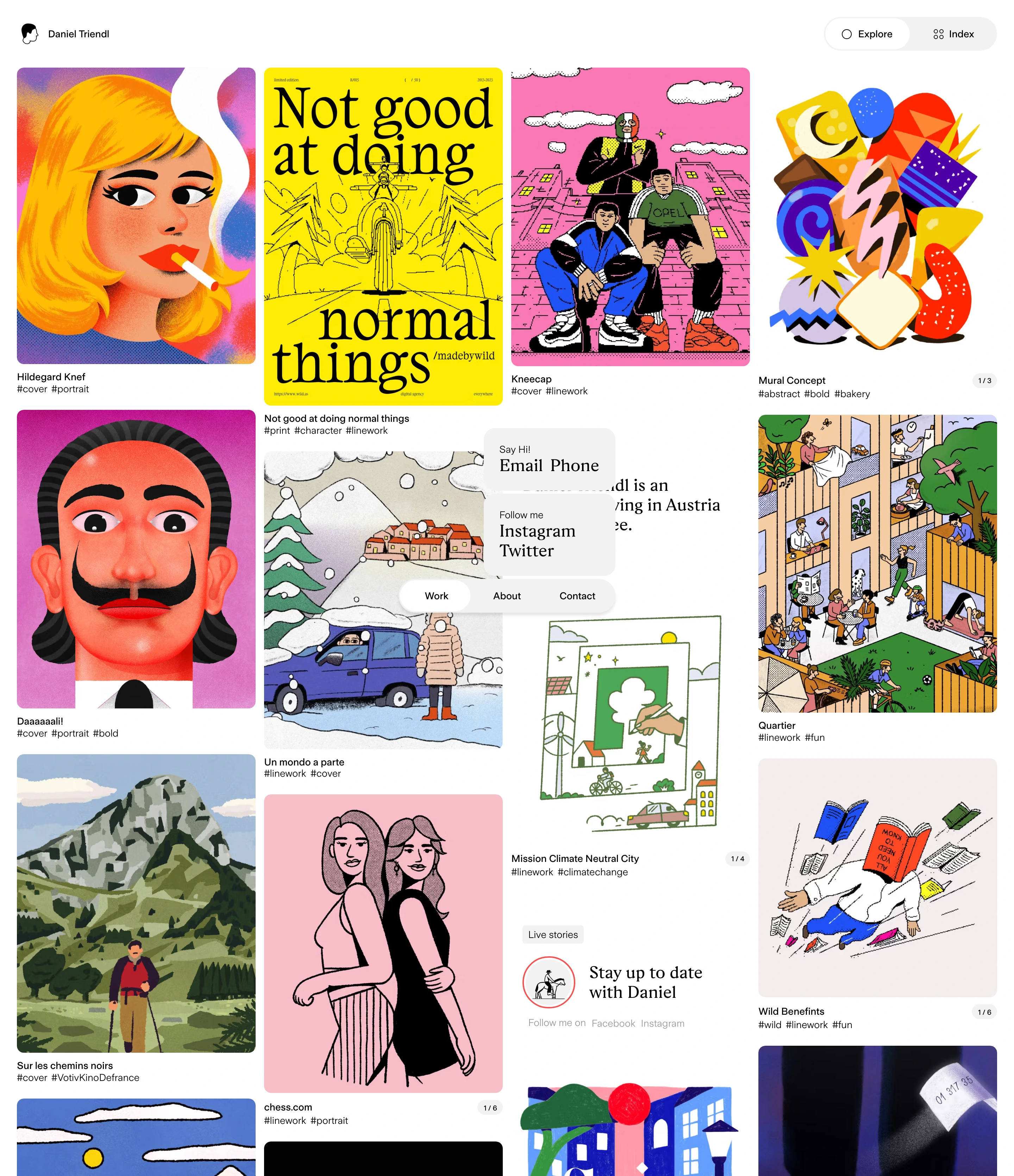 Dense, colorful illustration portfolio grid anchored by floating minimal navigation and contact popups.