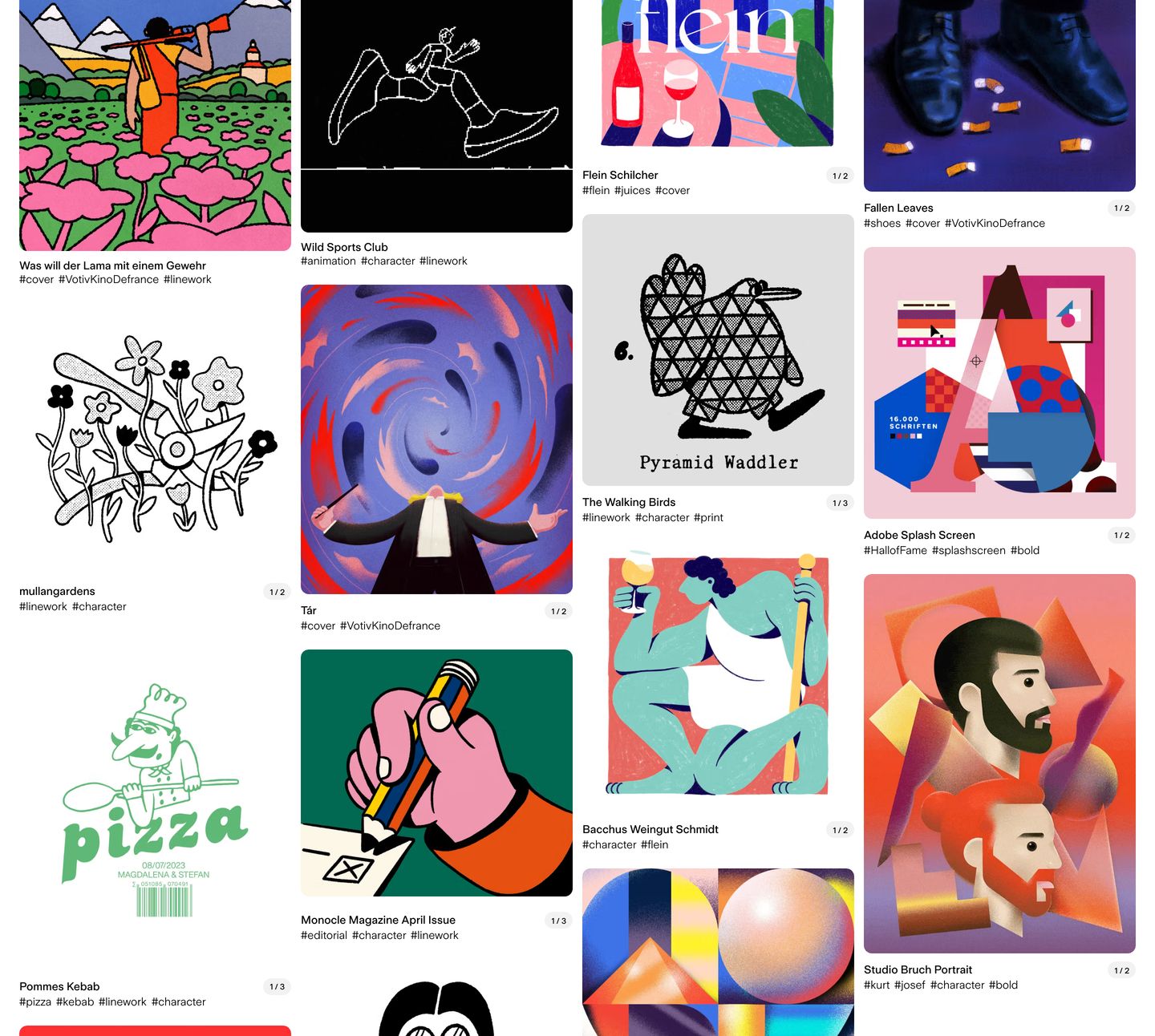 A dense, lively masonry gallery of colorful illustrations and graphic explorations cataloged with neat metadata captions.