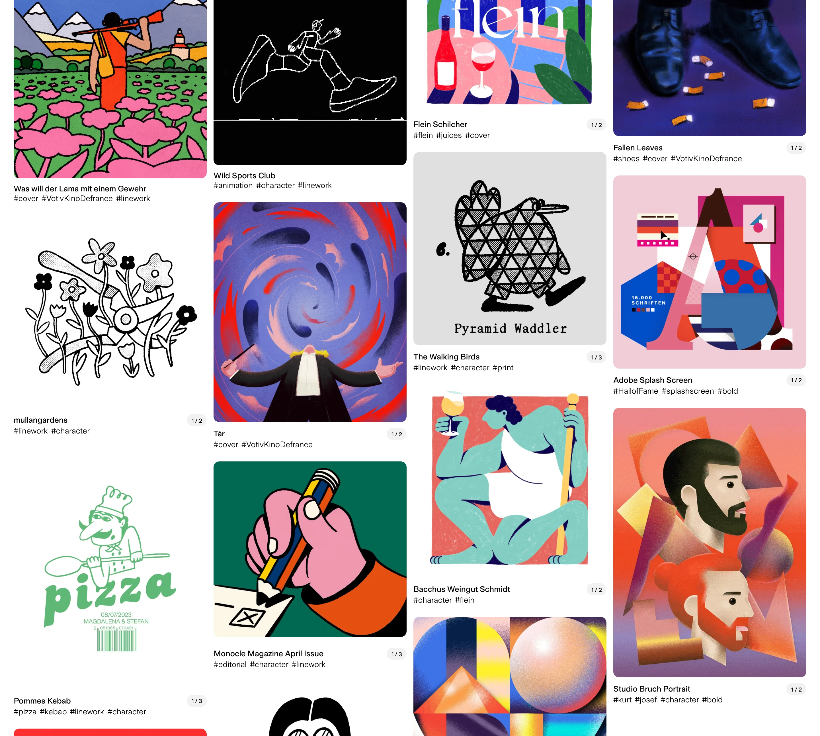 A dense, lively masonry gallery of colorful illustrations and graphic explorations cataloged with neat metadata captions.