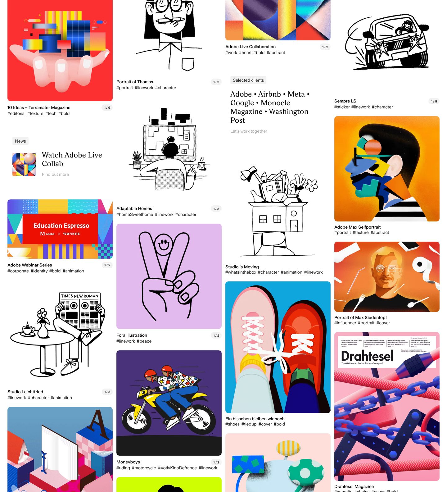 A dense, vibrant portfolio masonry grid pairing colorful editorial illustrations with black-and-white line drawings and typographic callouts.