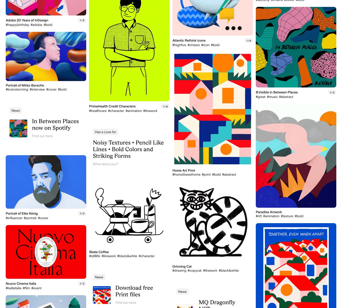 A vibrant, eclectic masonry gallery dense with colorful illustrations, graphic artwork, and interspersed editorial text blocks.