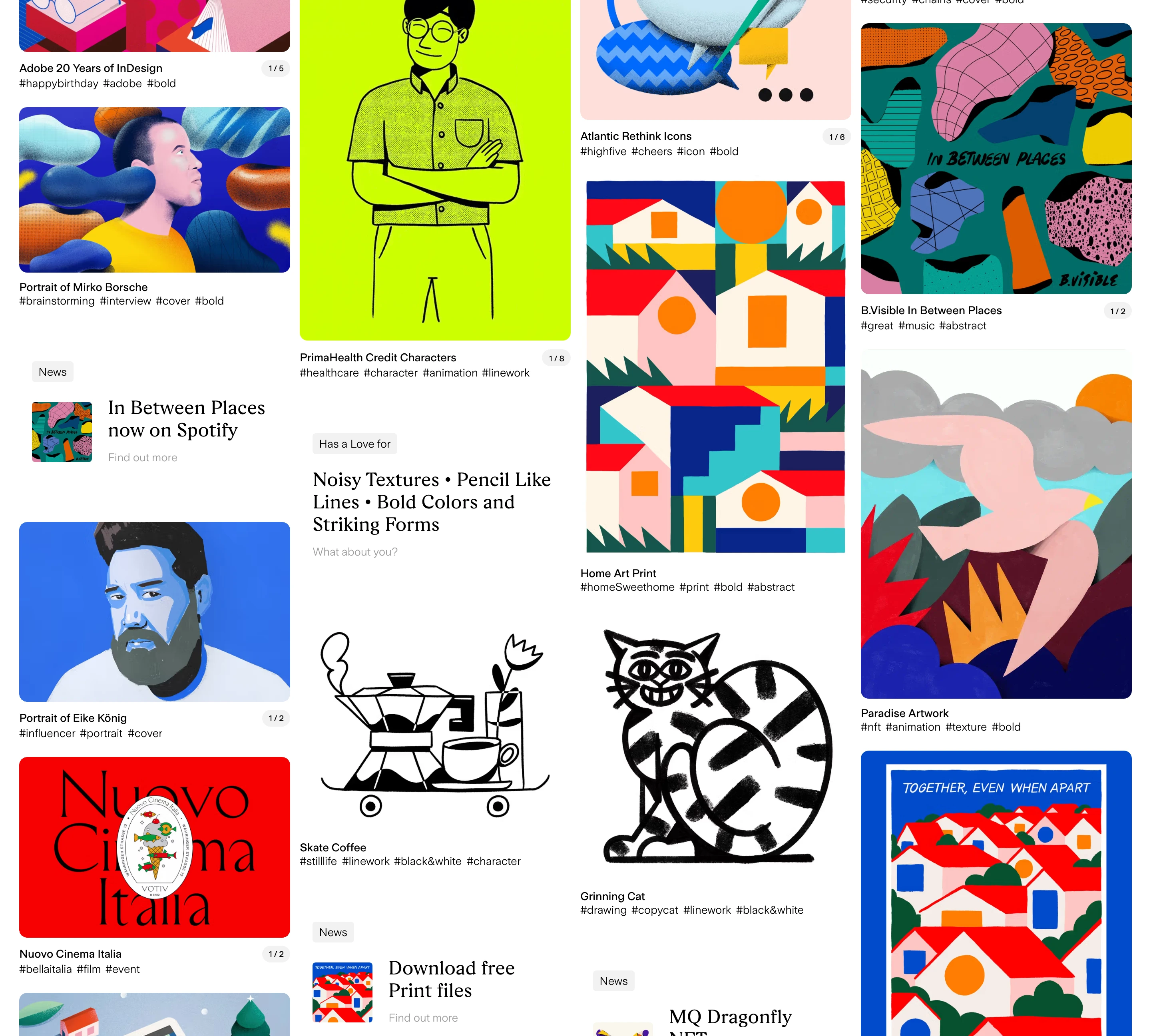 A vibrant, eclectic masonry gallery dense with colorful illustrations, graphic artwork, and interspersed editorial text blocks.