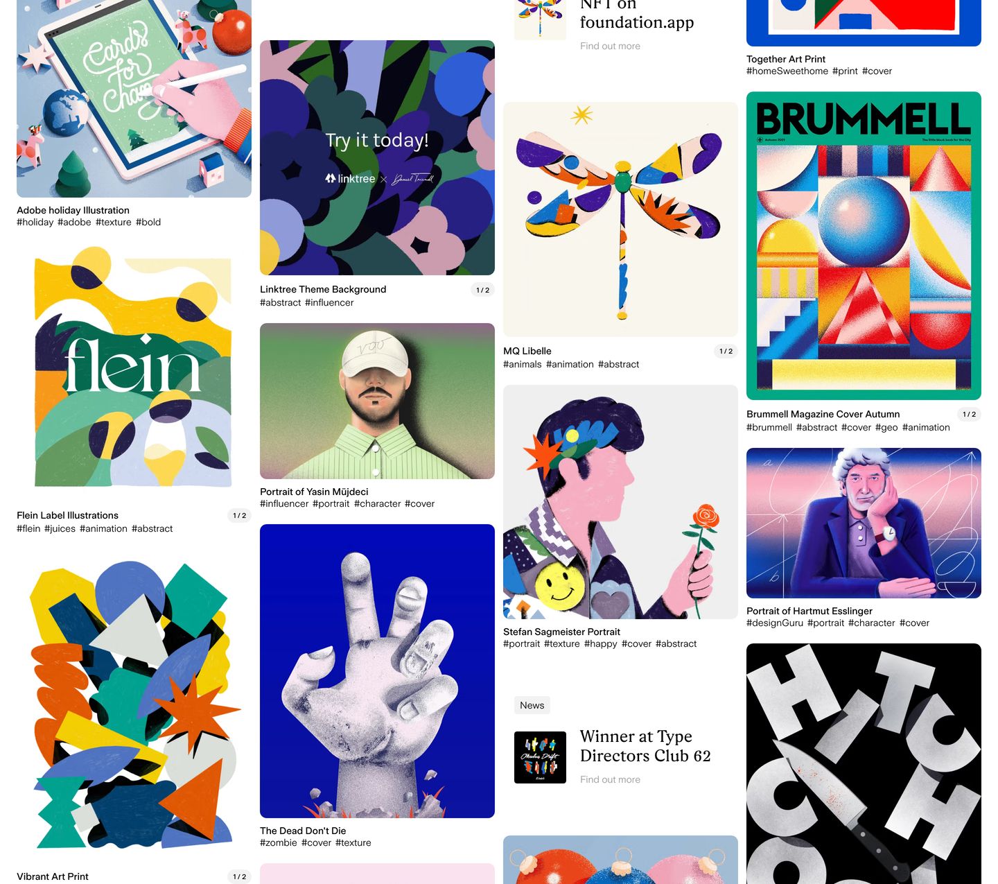 A dense, lively masonry portfolio grid teeming with expressive, colourful illustrations and minimal metadata tags.