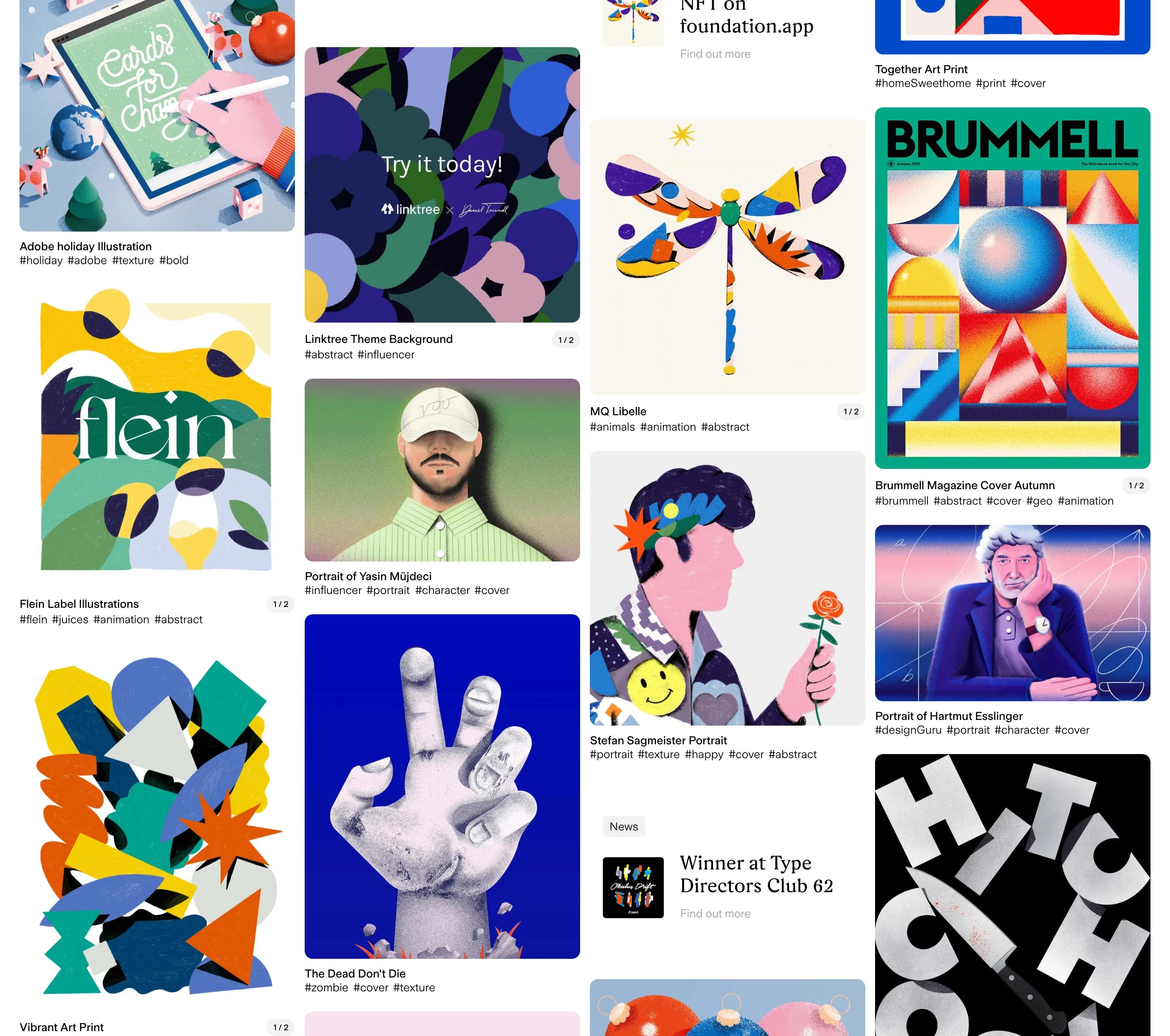 A dense, lively masonry portfolio grid teeming with expressive, colourful illustrations and minimal metadata tags.