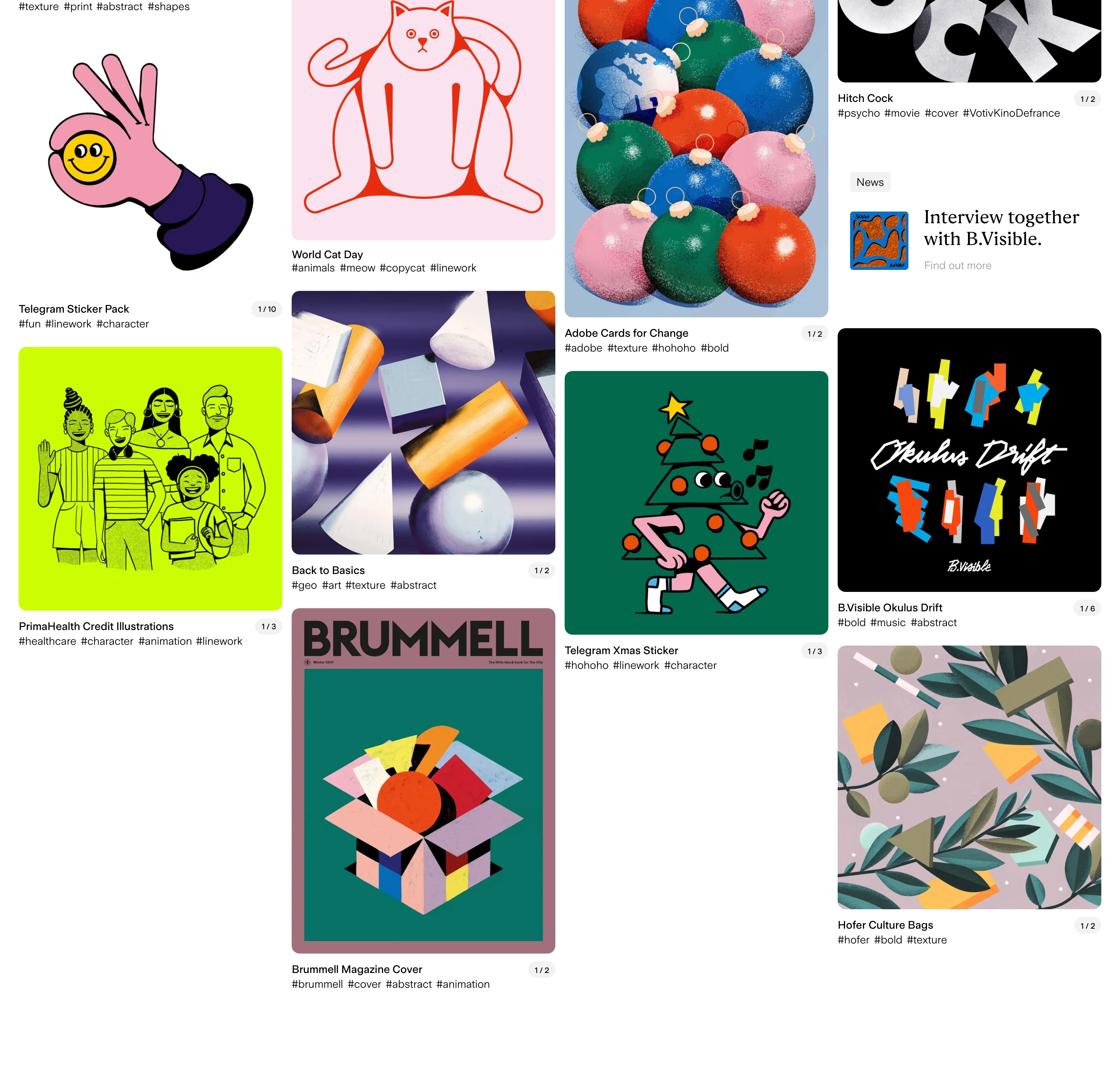 A vibrant, eclectic masonry portfolio grid showcasing colorful illustrations and graphic design projects with structured metadata tags.