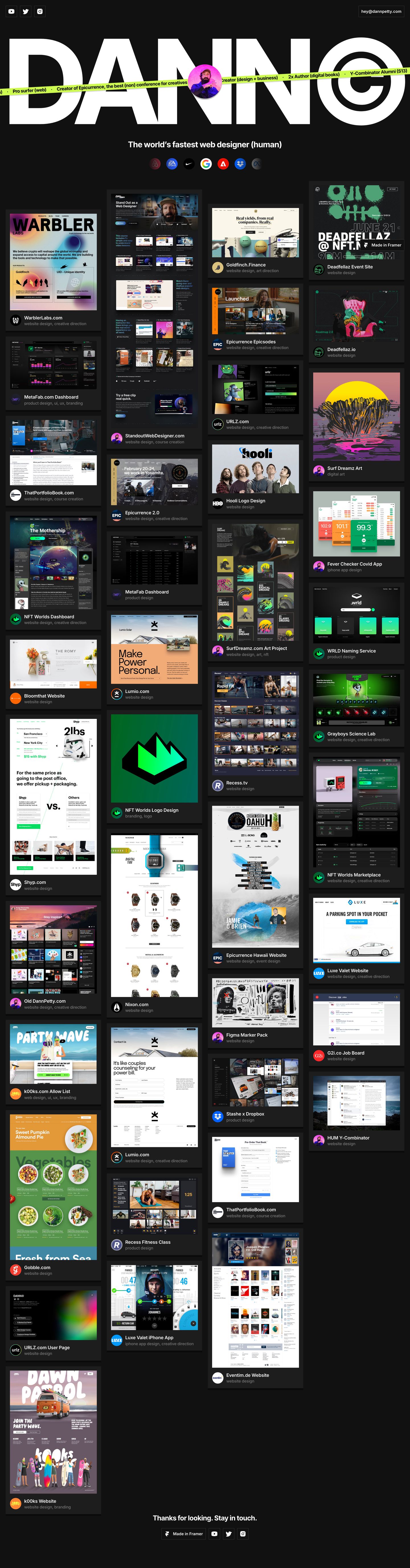A high-energy, unapologetically maximalist portfolio that overwhelms with sheer volume of work and massive typography.