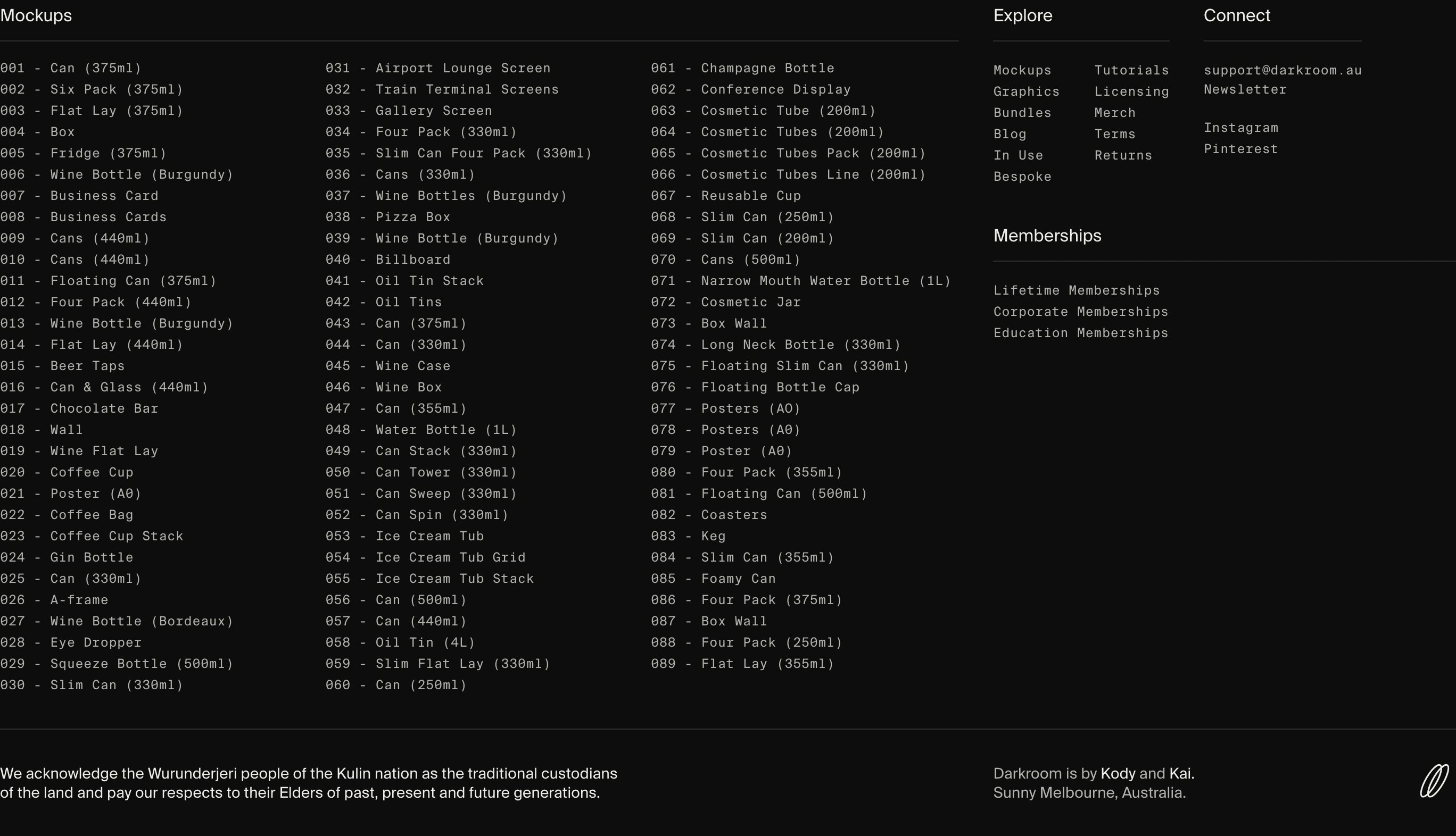 Dense, catalog-like dark footer with rigorous monospace index columns and stark utilitarian alignment.