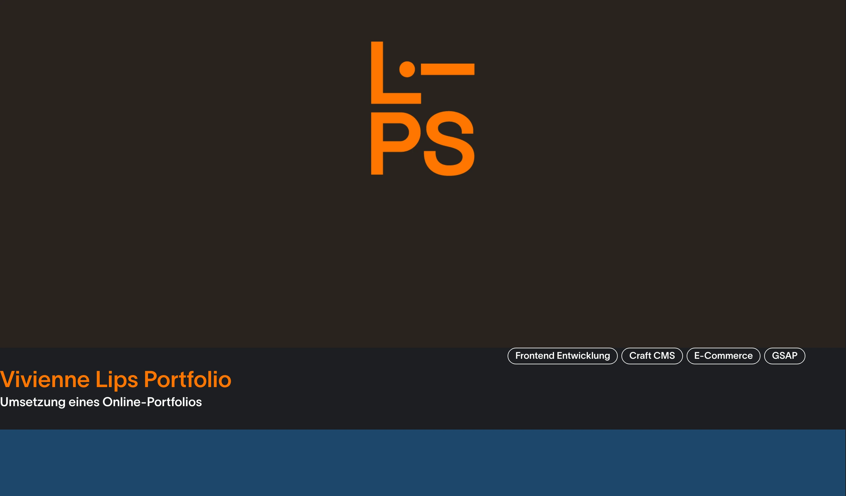 A stark, dark portfolio showcase slide anchored by a large orange monogram graphic and rounded tech stack pills.