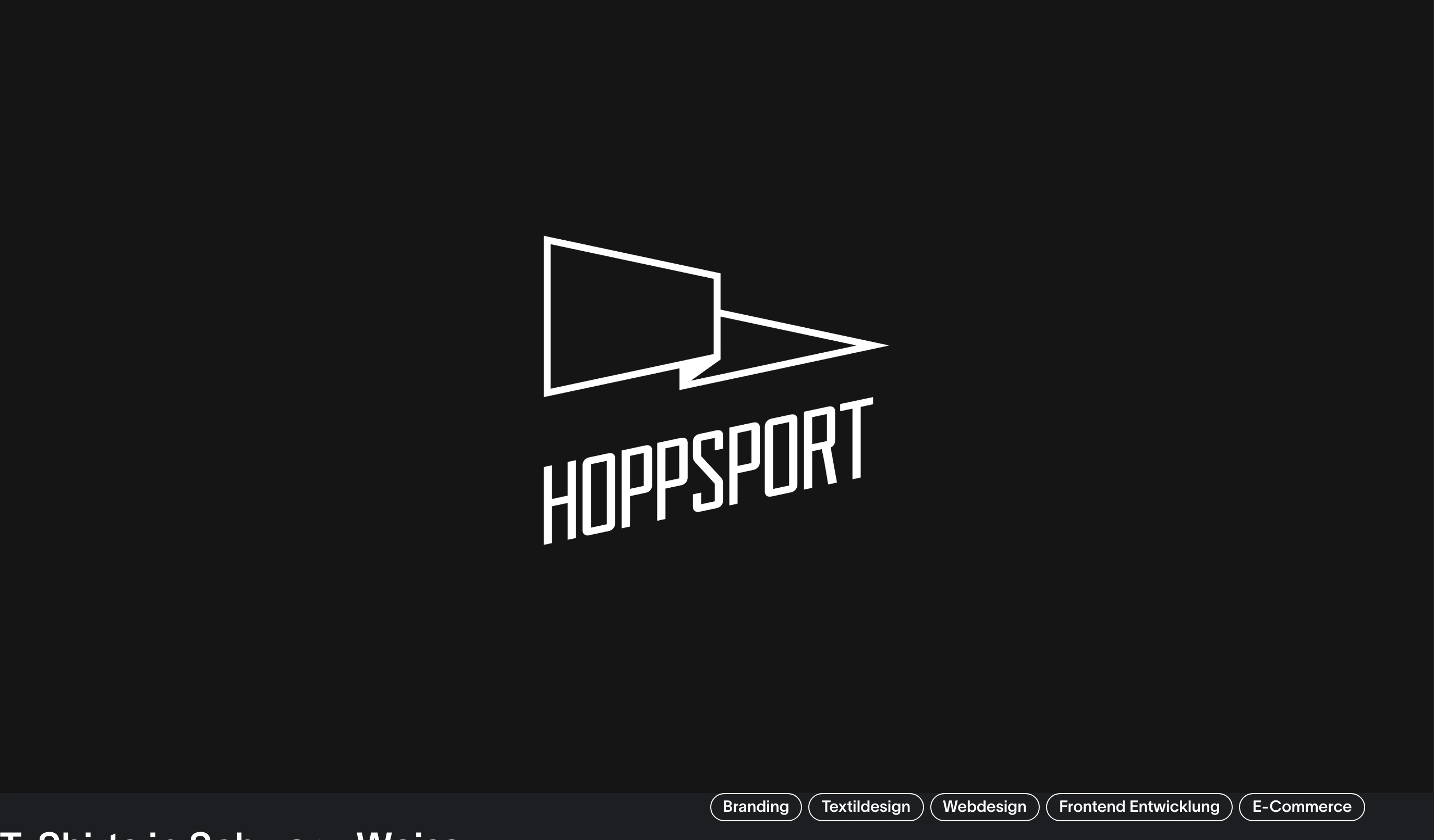 A stark, minimalist portfolio slide featuring a bold monochrome geometric brand mark centered on a deep charcoal field with outline pills at the footer.