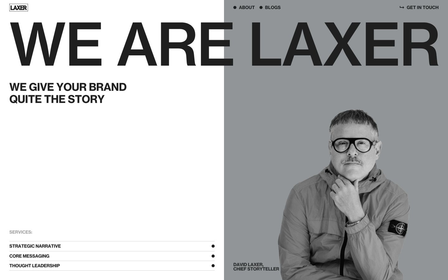 Monochrome split-screen agency hero dominated by massive neo-grotesk typography and an intimate grayscale founder portrait.