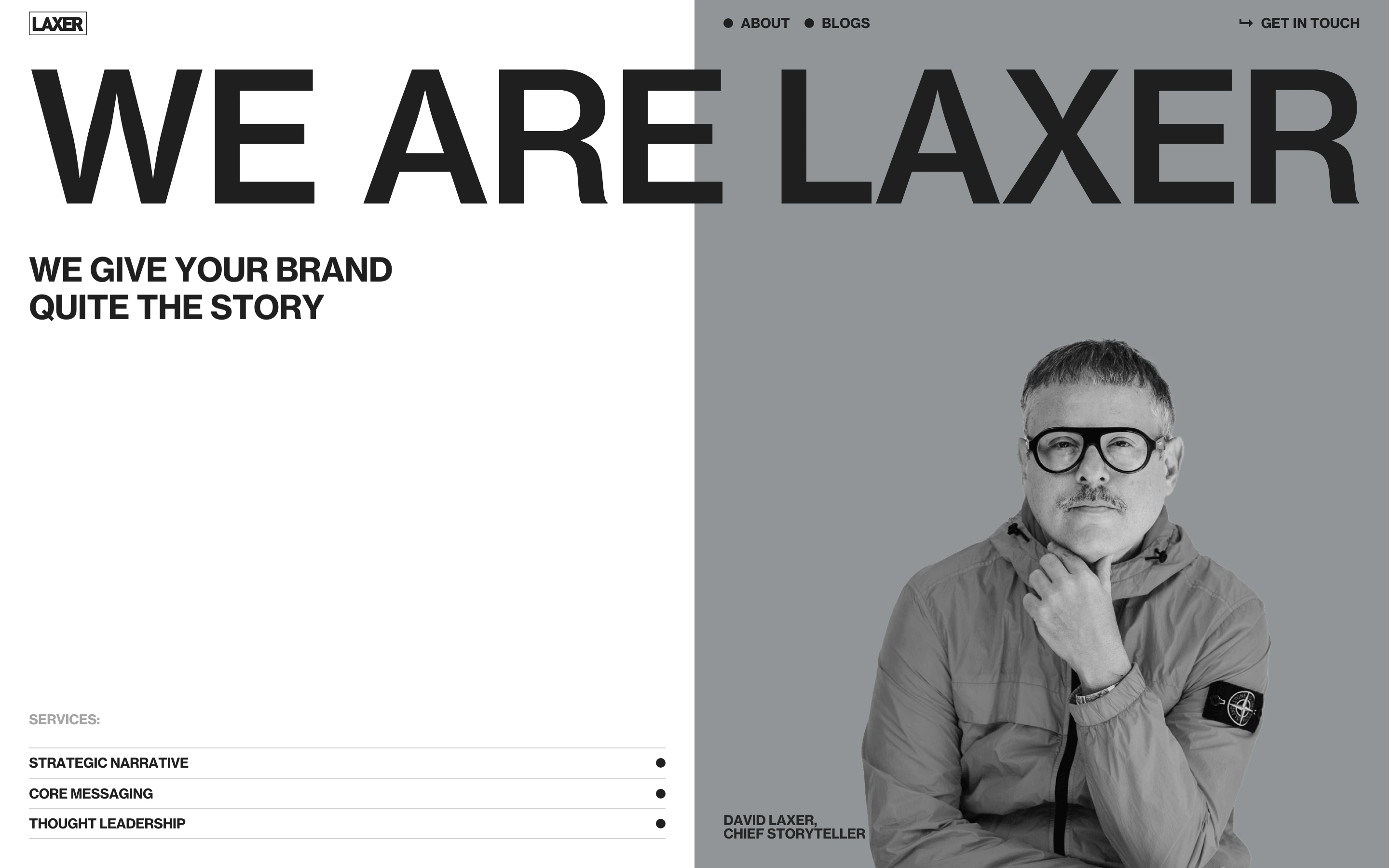 Monochrome split-screen agency hero dominated by massive neo-grotesk typography and an intimate grayscale founder portrait.