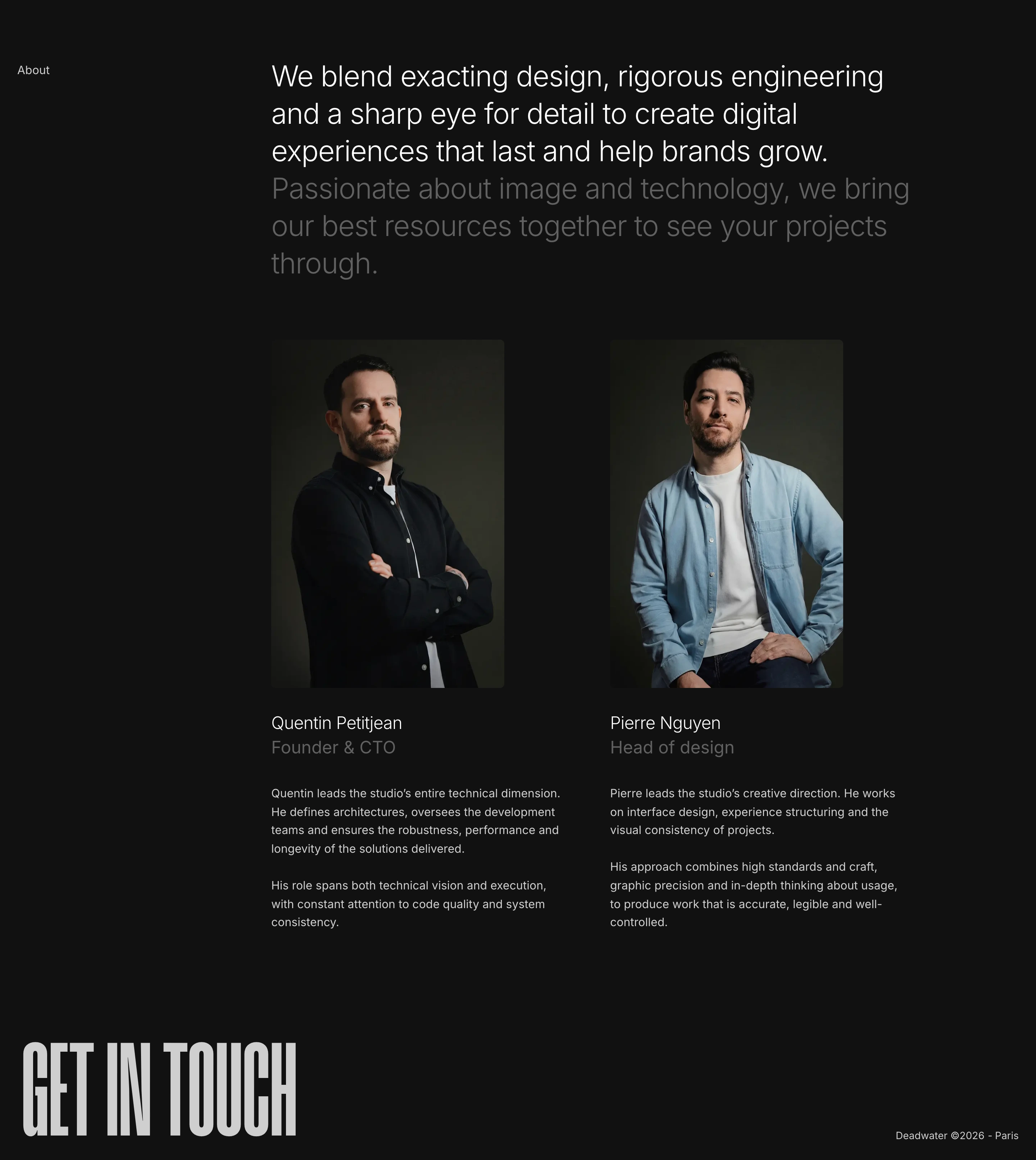 A restrained, moody studio leadership section featuring dramatic portraits paired with clean modernist typography against a deep charcoal canvas.