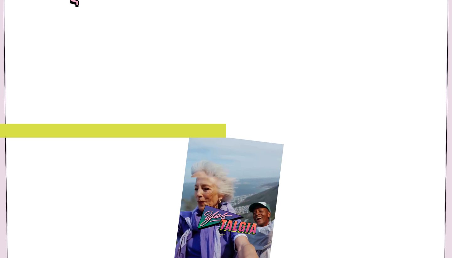 A fragmented, playful composition featuring retro pop sticker graphics over snapshot photography against vast open space.