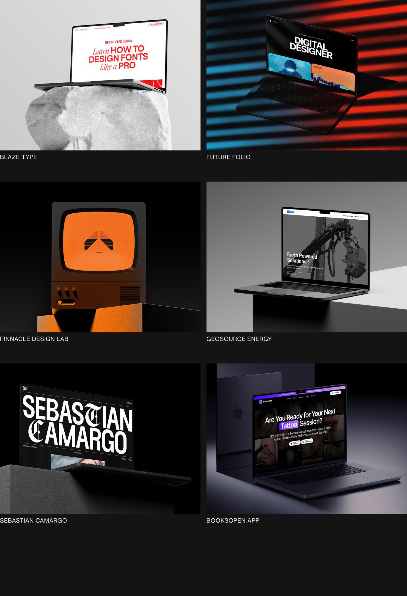 Dark and cinematic portfolio grid displaying client projects through sculptural 3D device mockups with stark studio lighting.