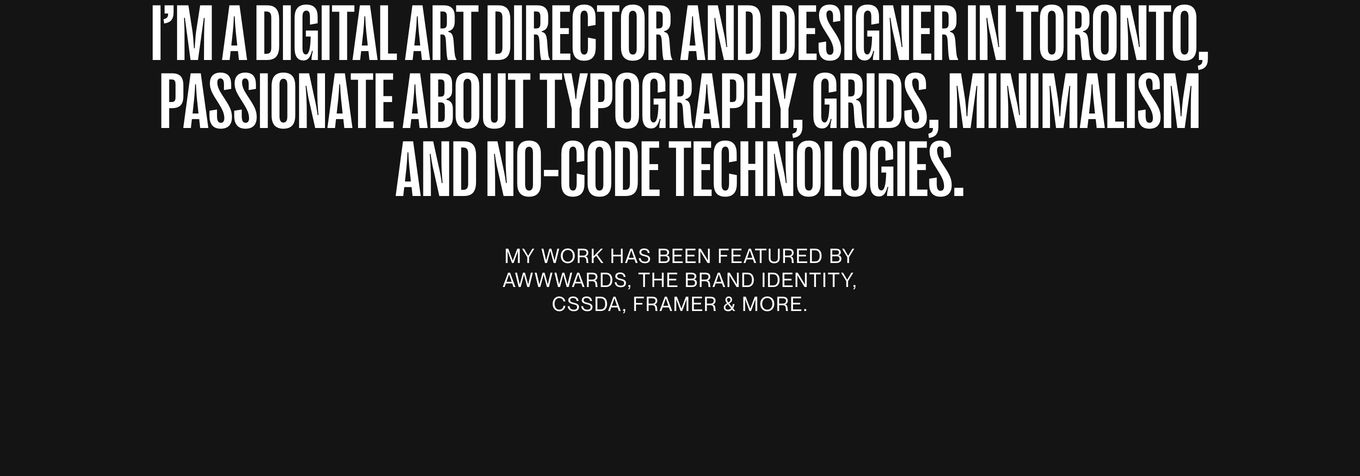 Monochromatic, high-impact typographic bio featuring ultra-condensed uppercase statements centered against a dark void.