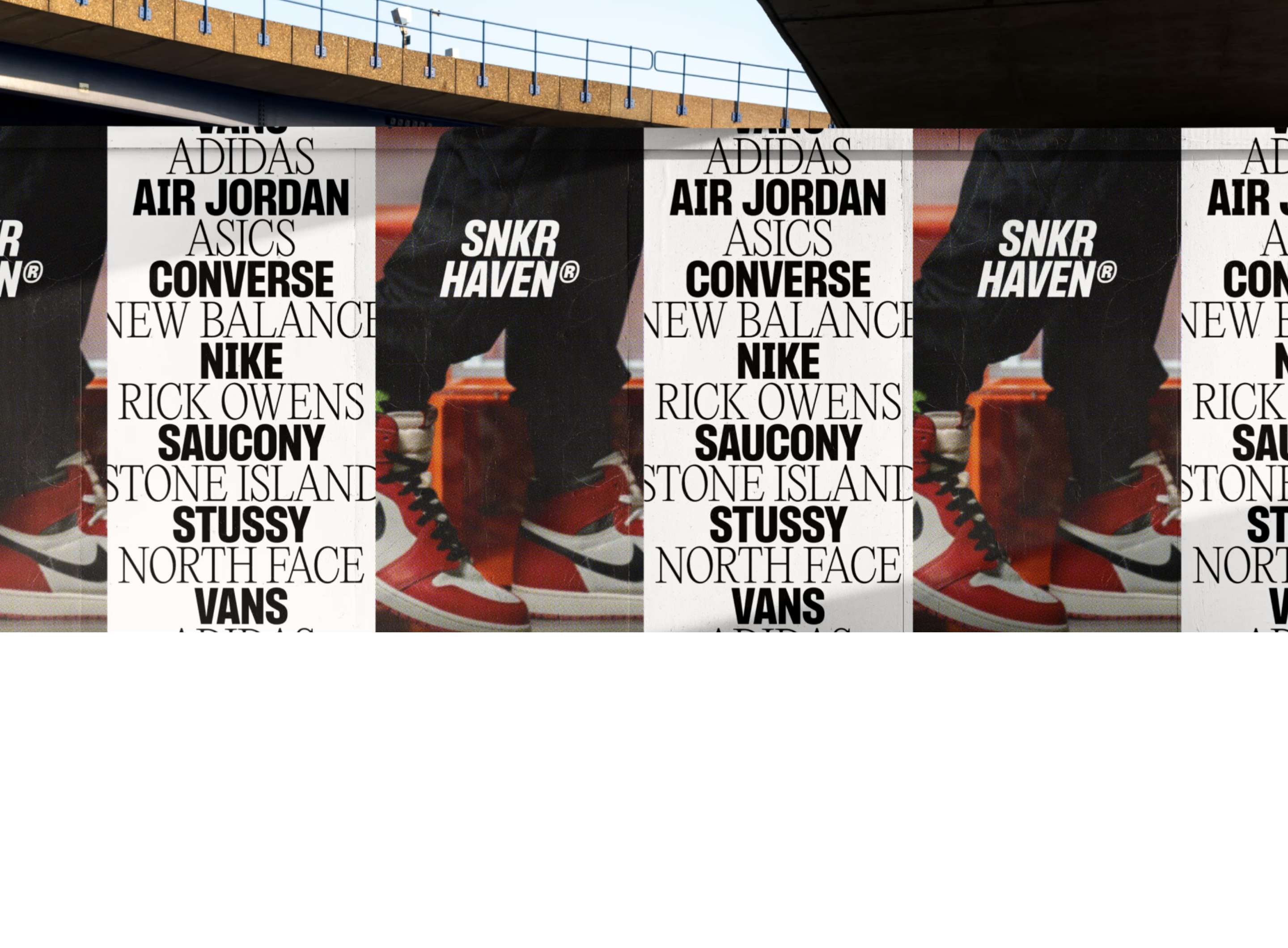 Raw urban wheatpaste poster collage combining bold brand typography with sneaker culture photography under concrete bridge architecture.