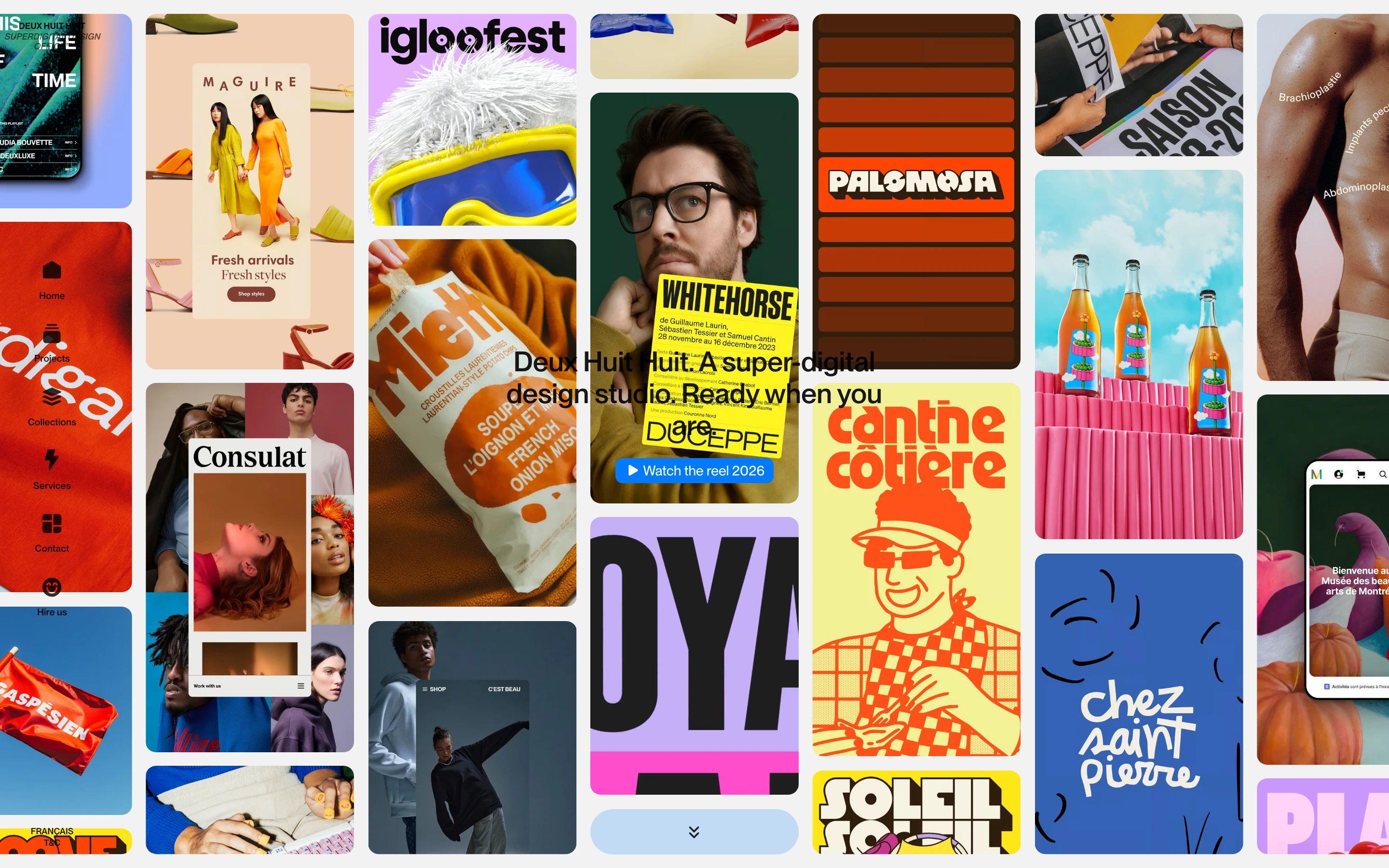 An energetic, dense mosaic of vibrant portfolio work forms a backdrop for a centered studio intro and video reel button.