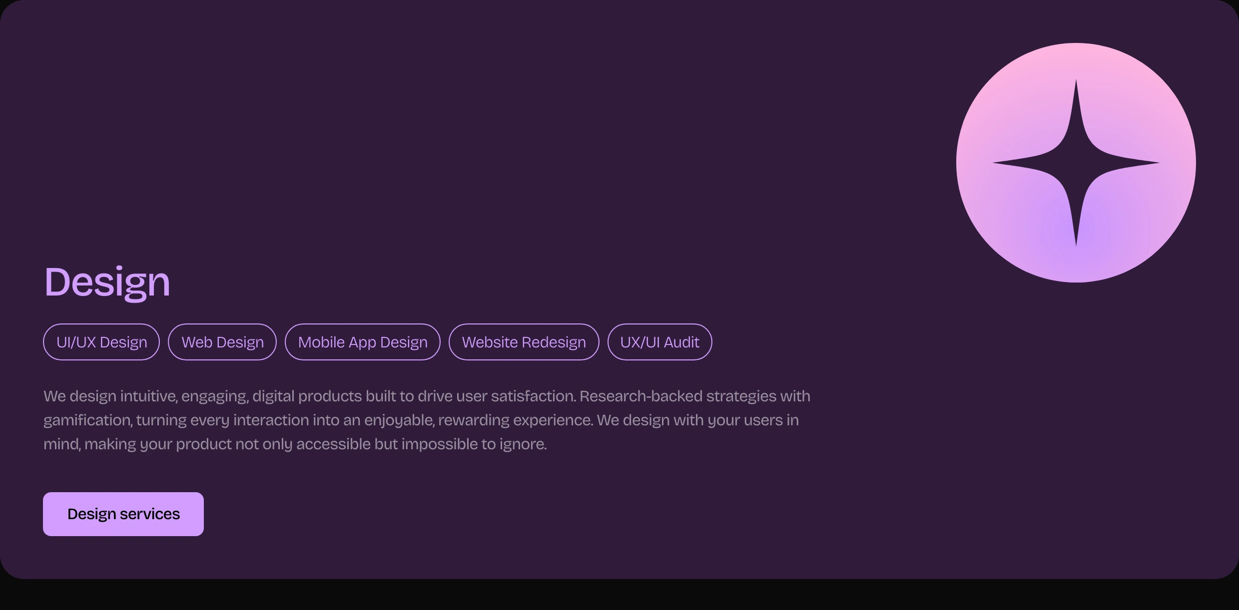 A deep plum service overview card pairing structured capability pills with a glowing gradient star medallion.