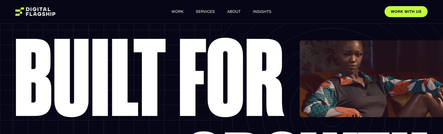 Aggressive, high-contrast dark hero pairing gigantic condensed display type with technical background grid lines and an embedded media card.