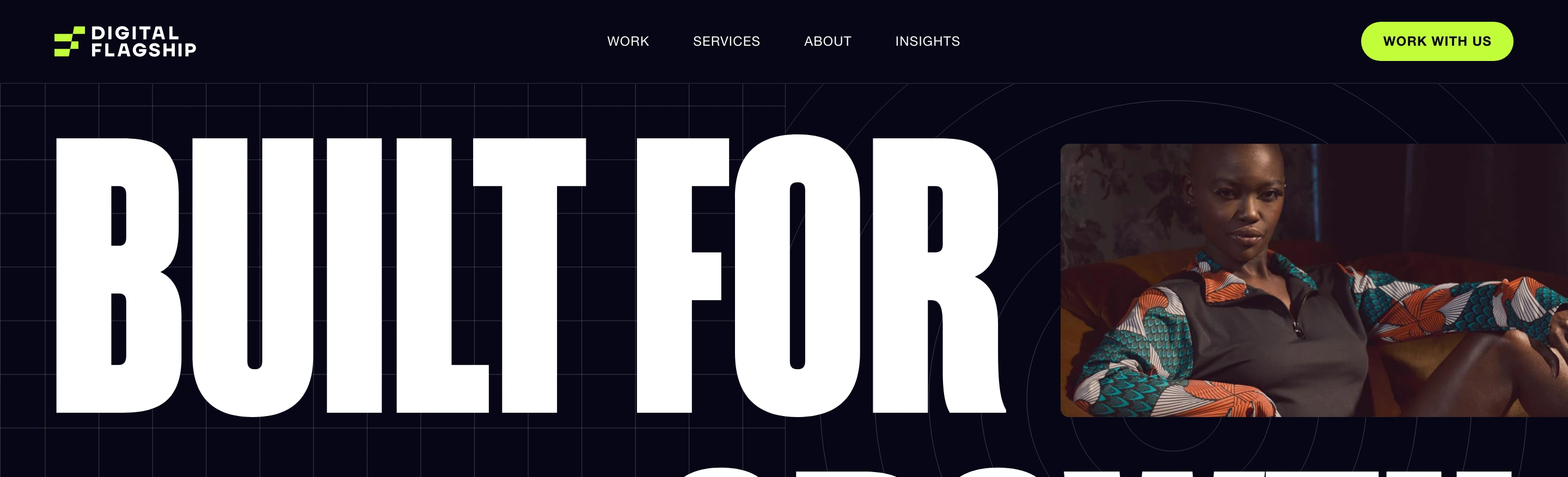 Aggressive, high-contrast dark hero pairing gigantic condensed display type with technical background grid lines and an embedded media card.
