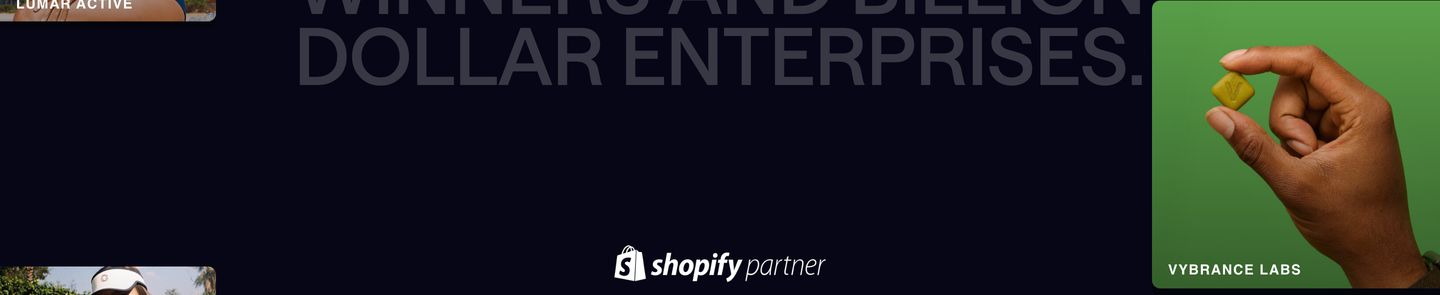 A sleek dark portfolio strip anchored by a central partner badge beneath ghostly, oversized statement typography and vibrant product photography cards.