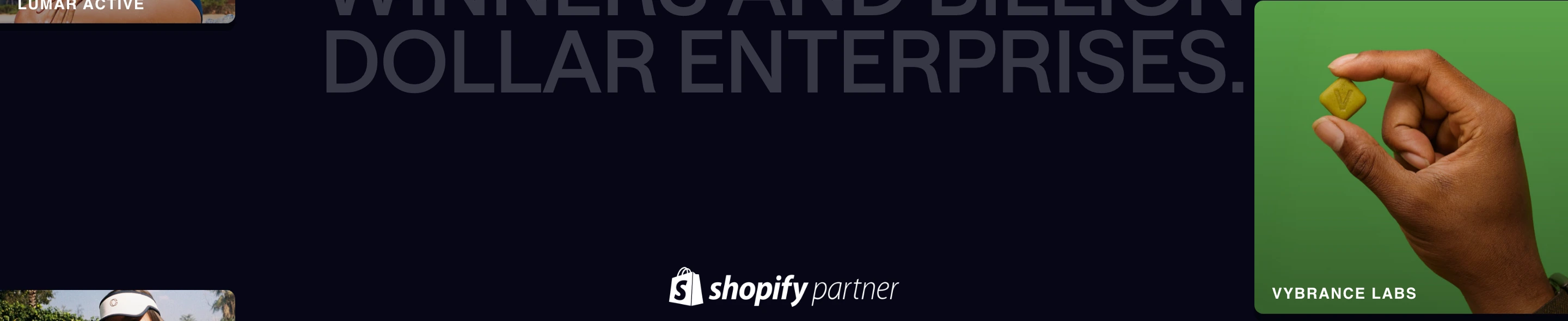 A sleek dark portfolio strip anchored by a central partner badge beneath ghostly, oversized statement typography and vibrant product photography cards.