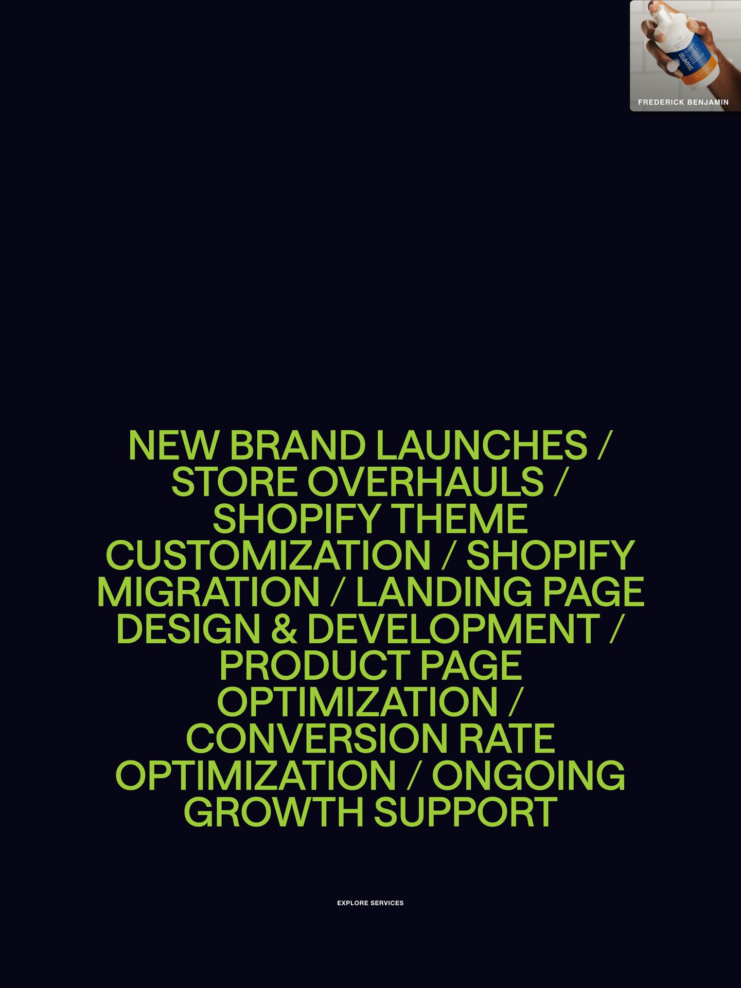 Monolithic, centered lime typography floating in deep void-like darkness delivers an intense, list-like statement of services.
