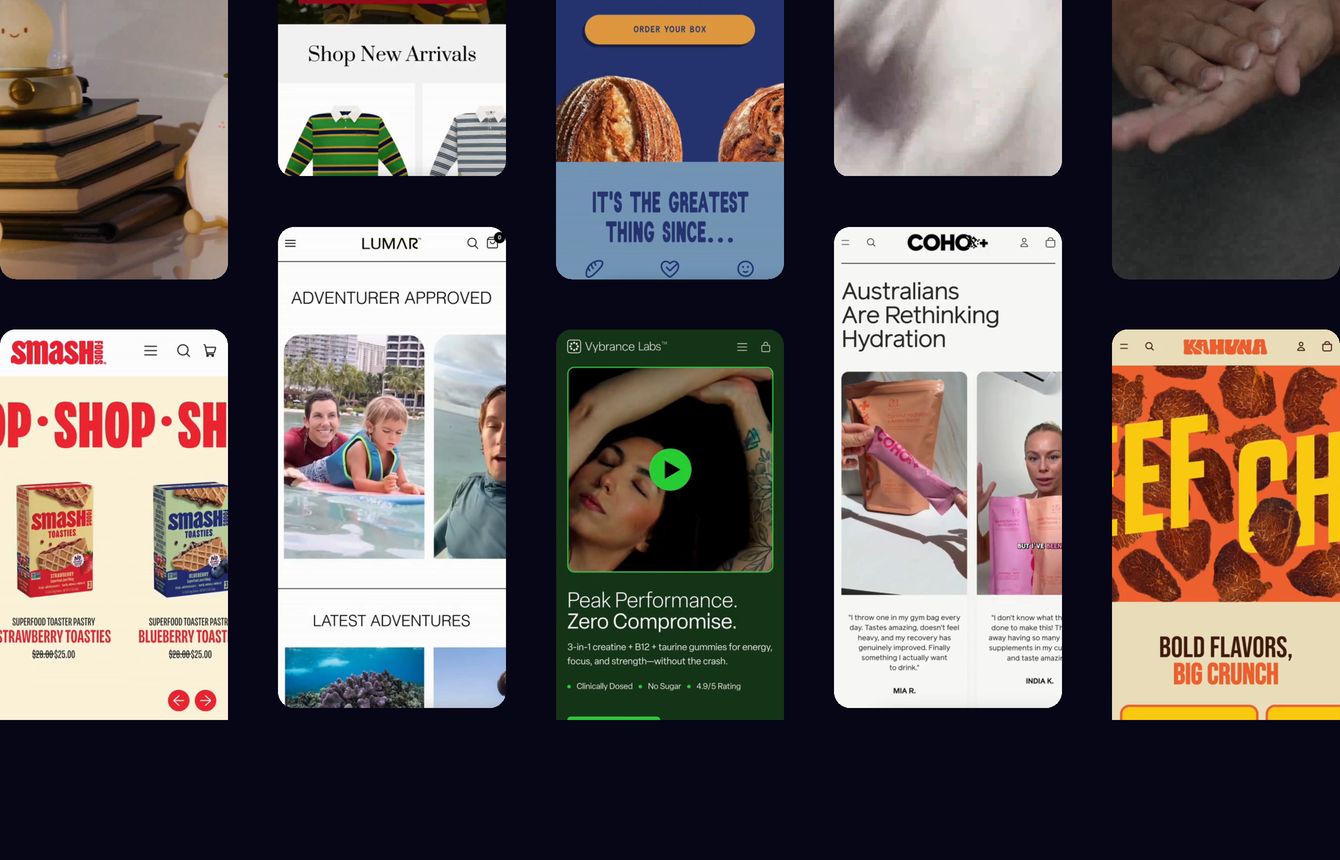 A dark showcase displaying a staggered multi-column wall of mobile ecommerce screens and video snippets.