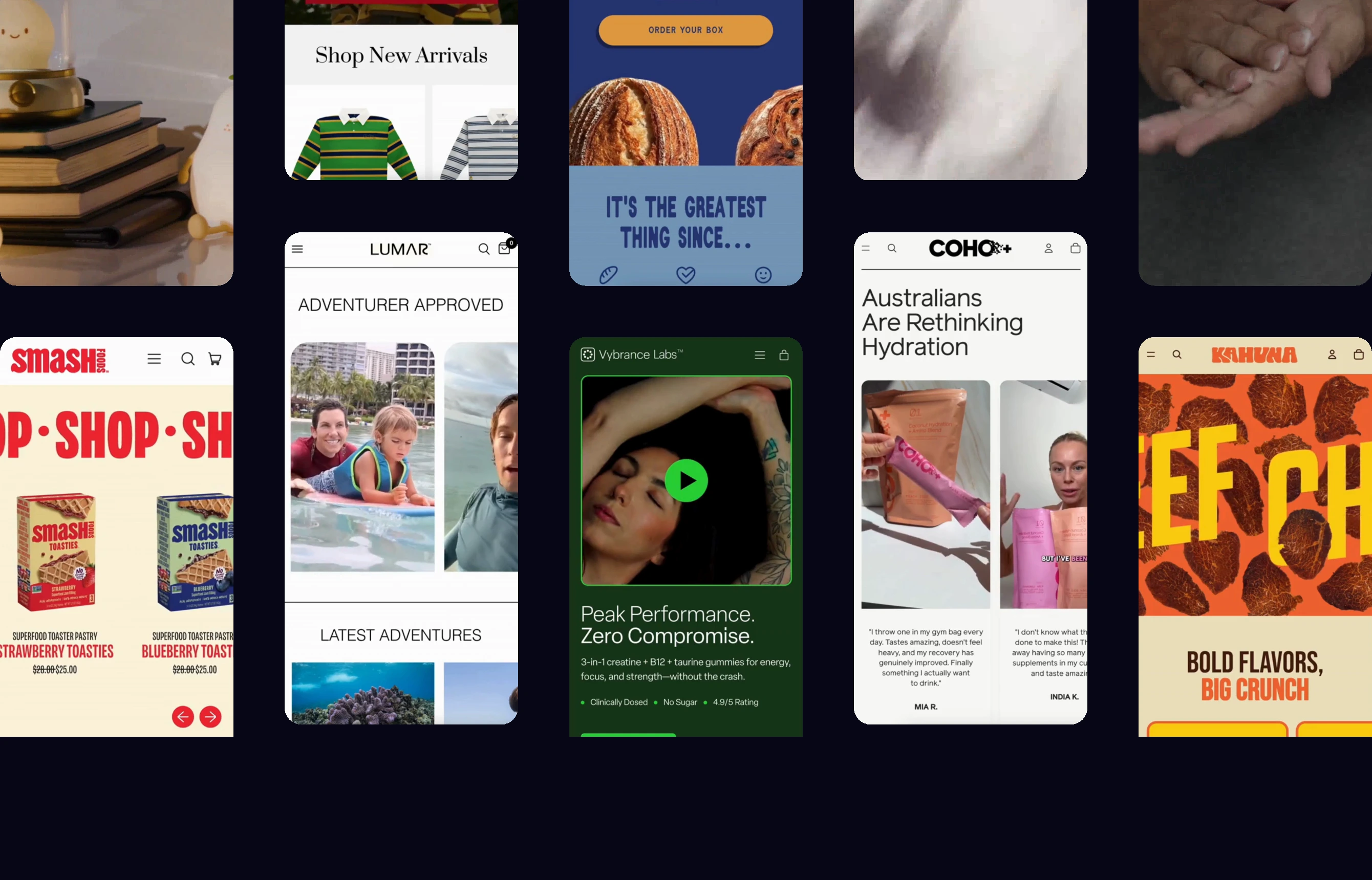 A dark showcase displaying a staggered multi-column wall of mobile ecommerce screens and video snippets.