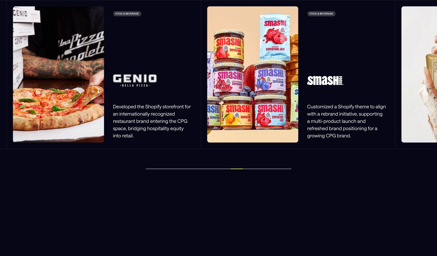 Deep navy client case study carousel pairing vibrant food photography cards with structured typographic metadata and a sleek progress slider.